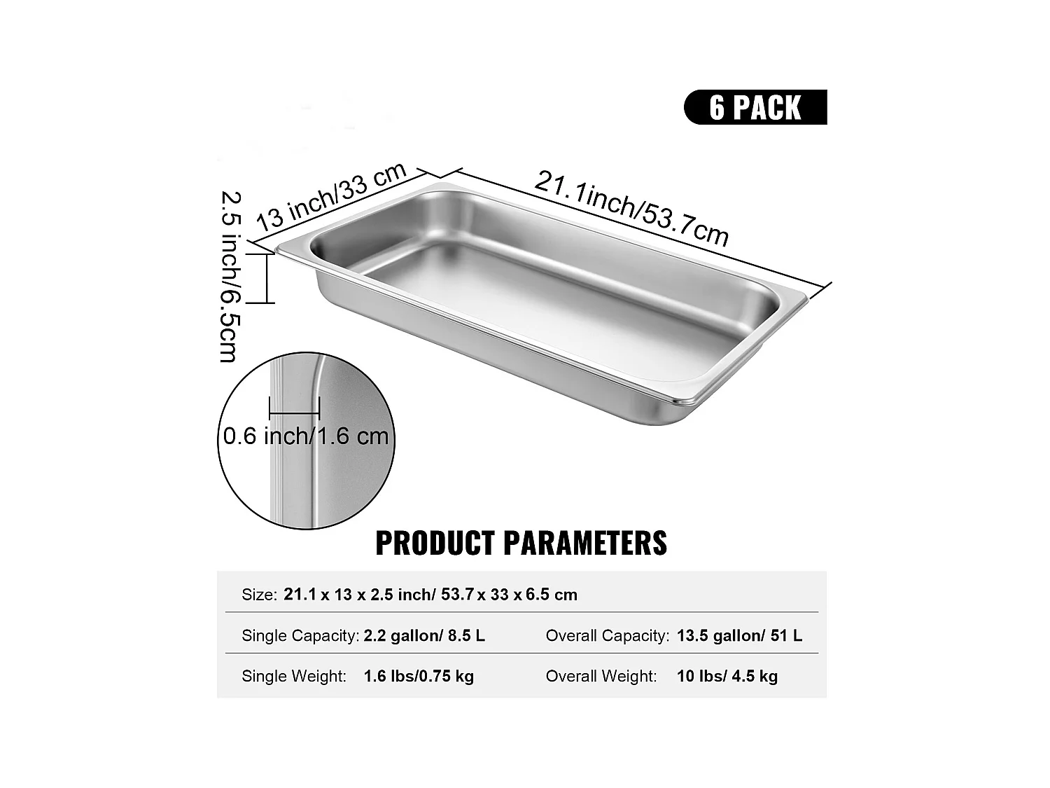 Piatto Piatto SucceBuy Pacchetto di 6 Pentole a Vapore Profonde SucceBuy di 6.5CM, Dimensione Standard, 8.5 L, in Acciaio Inossidabile, Anti-Occlusione