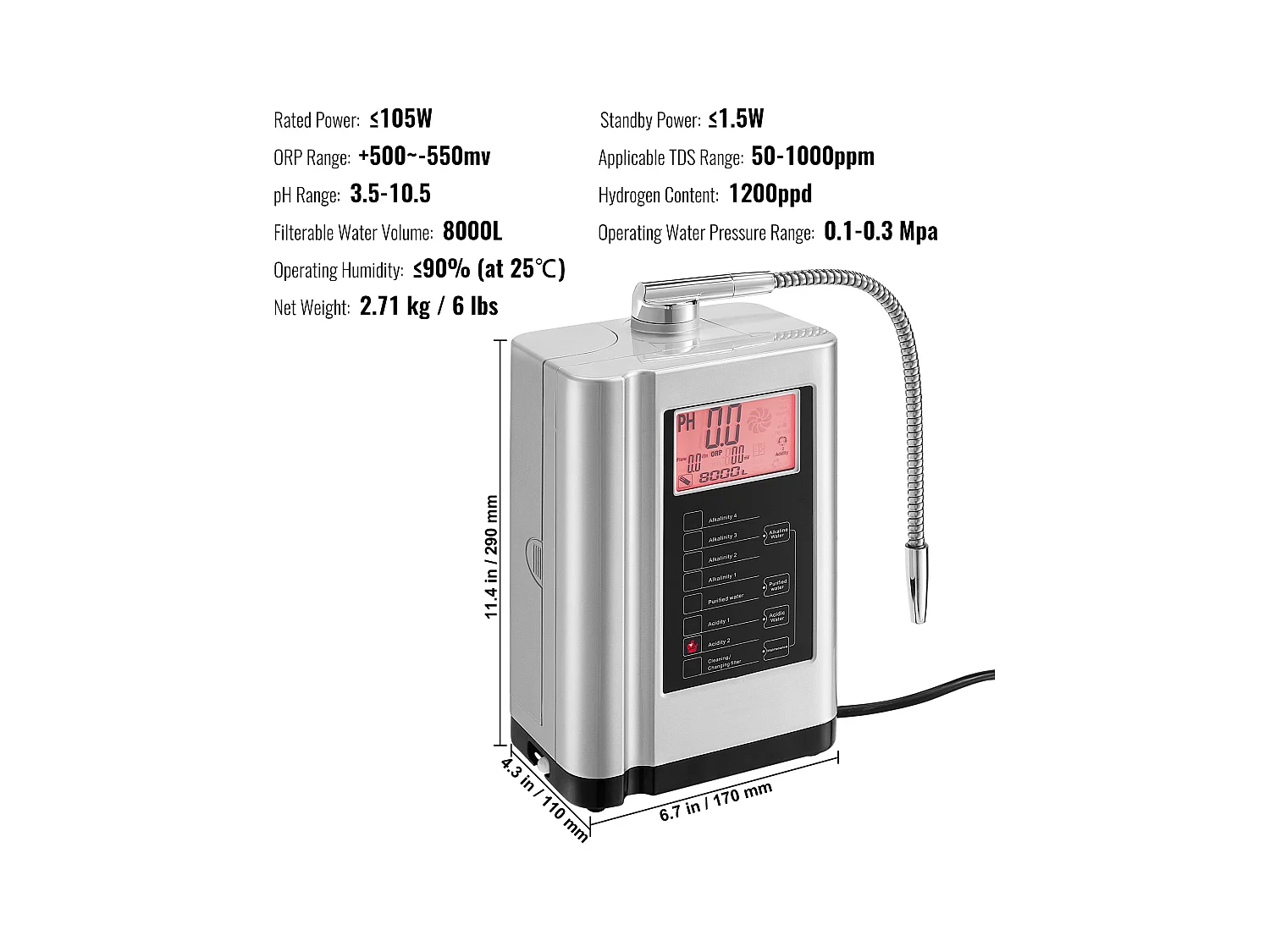 Purificateur d'Eau Alcaline SucceBuy - pH 3,5-10,5, Capacité 8000L, Nettoyage Automatique