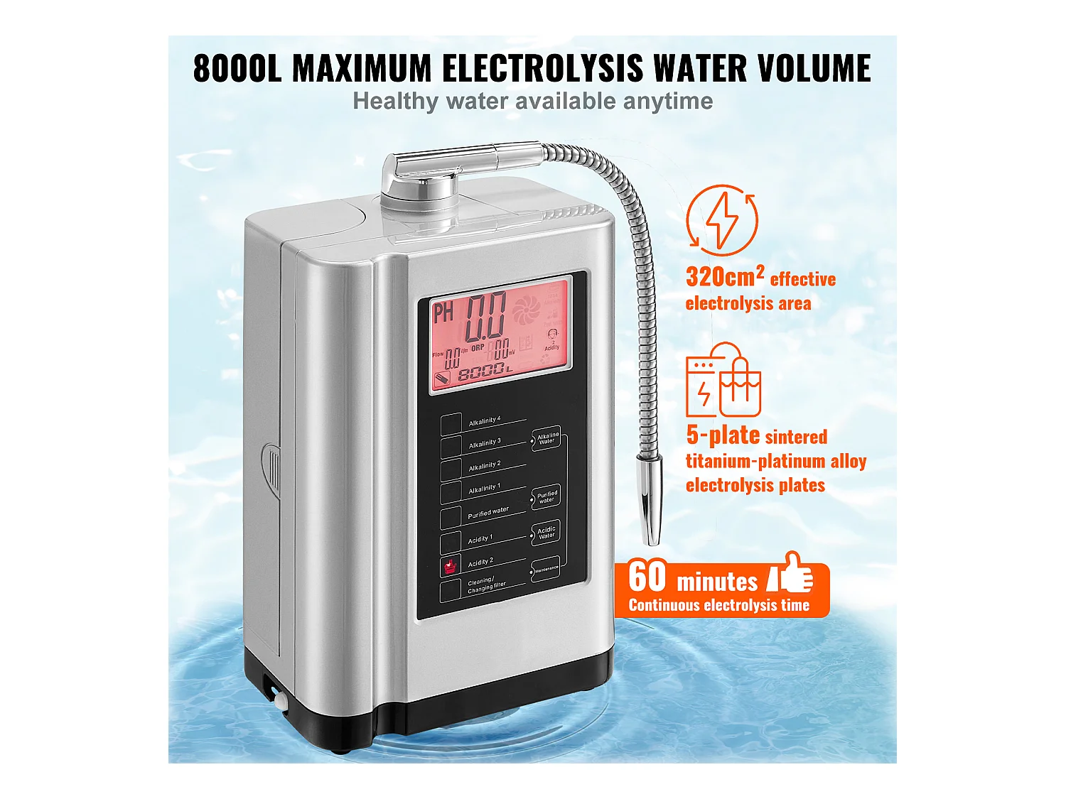 Purificateur d'Eau Alcaline SucceBuy - pH 3,5-10,5, Capacité 8000L, Nettoyage Automatique