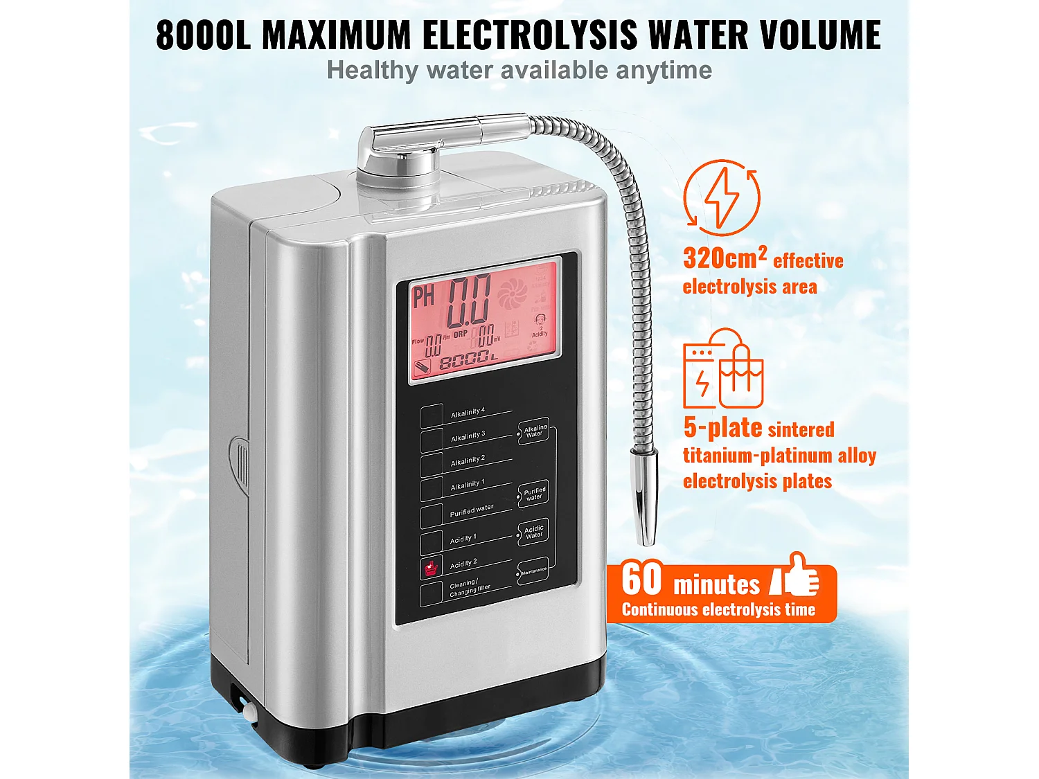 Purificateur d'Eau Alcaline SucceBuy - pH 3,5-10,5, Capacité 8000L, Nettoyage Automatique