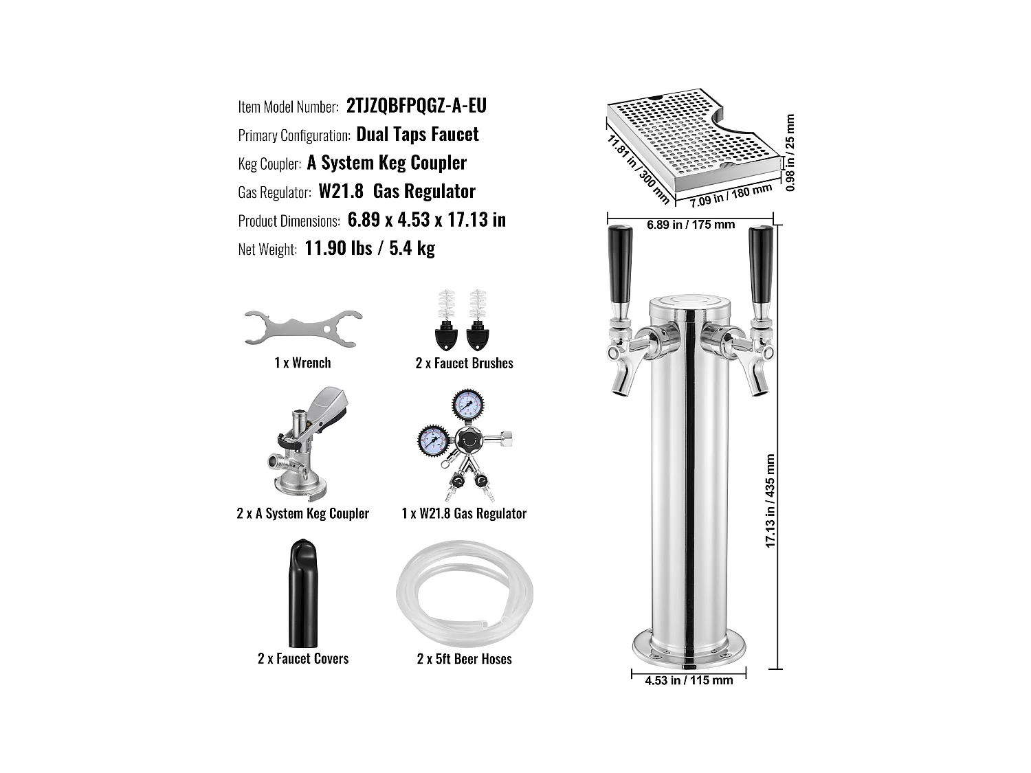 Bierkolom-Set SucceBuy, Bierkolom-Set met Dubbele Kraan, RVS Bier- en Drankverdeler, voor Bar Restaurant