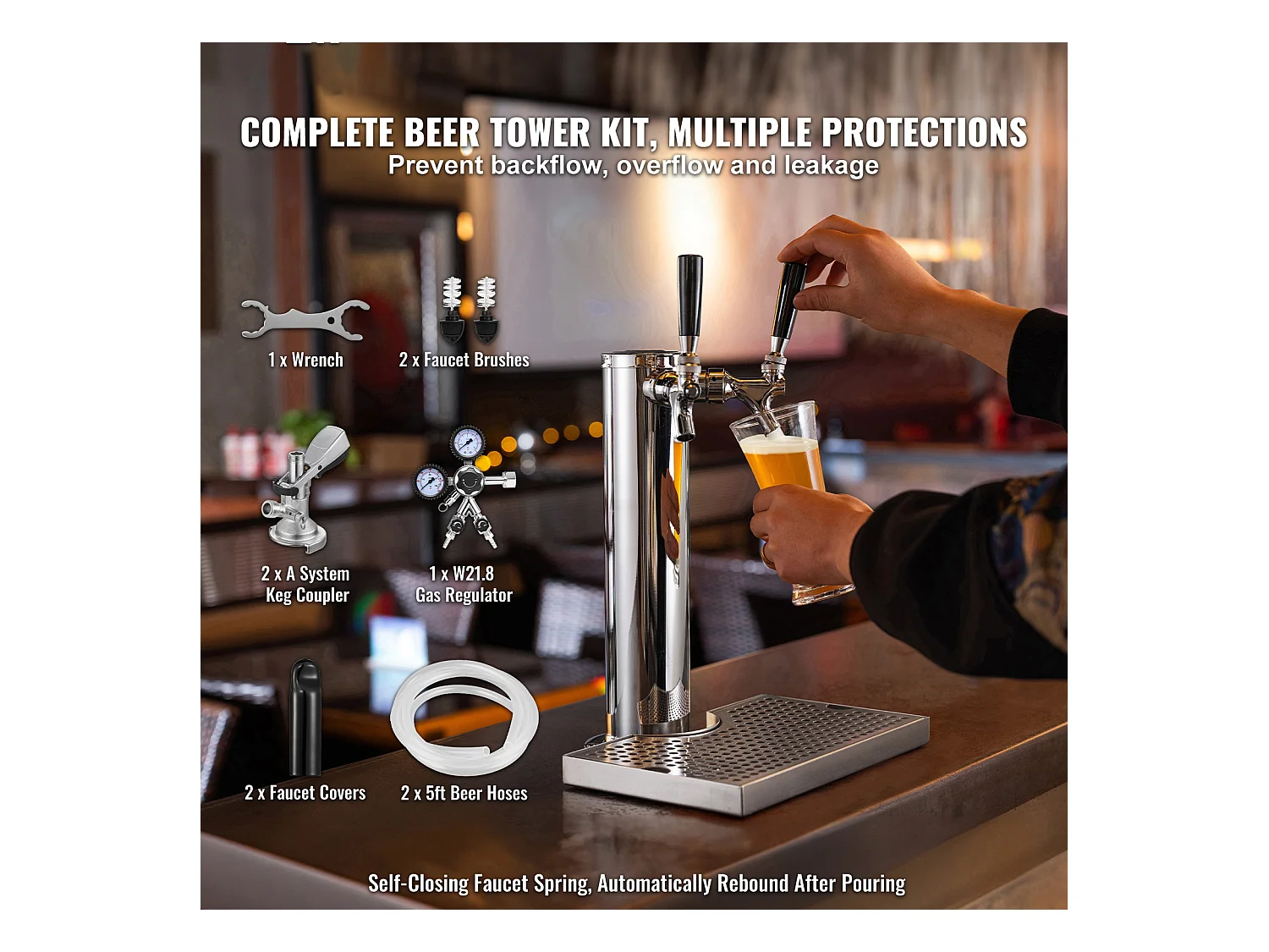 Bierkolom-Set SucceBuy, Bierkolom-Set met Dubbele Kraan, RVS Bier- en Drankverdeler, voor Bar Restaurant