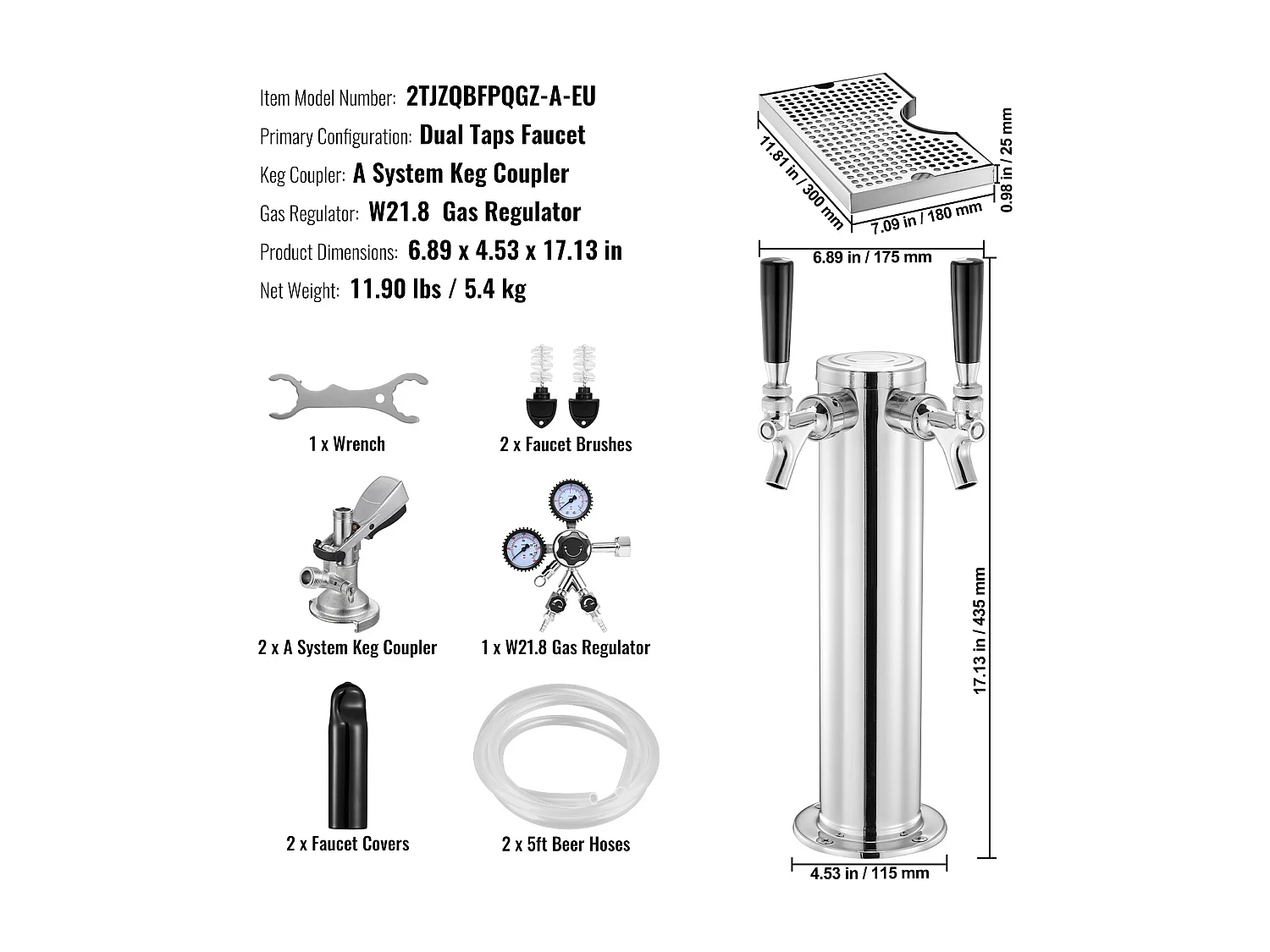 Kit Colonna per Birra SucceBuy, Kit Colonna per Birra con Doppio Rubinetto, Distributore di Birra e Bevande in Acciaio Inossidabile, per Bar Ristorante