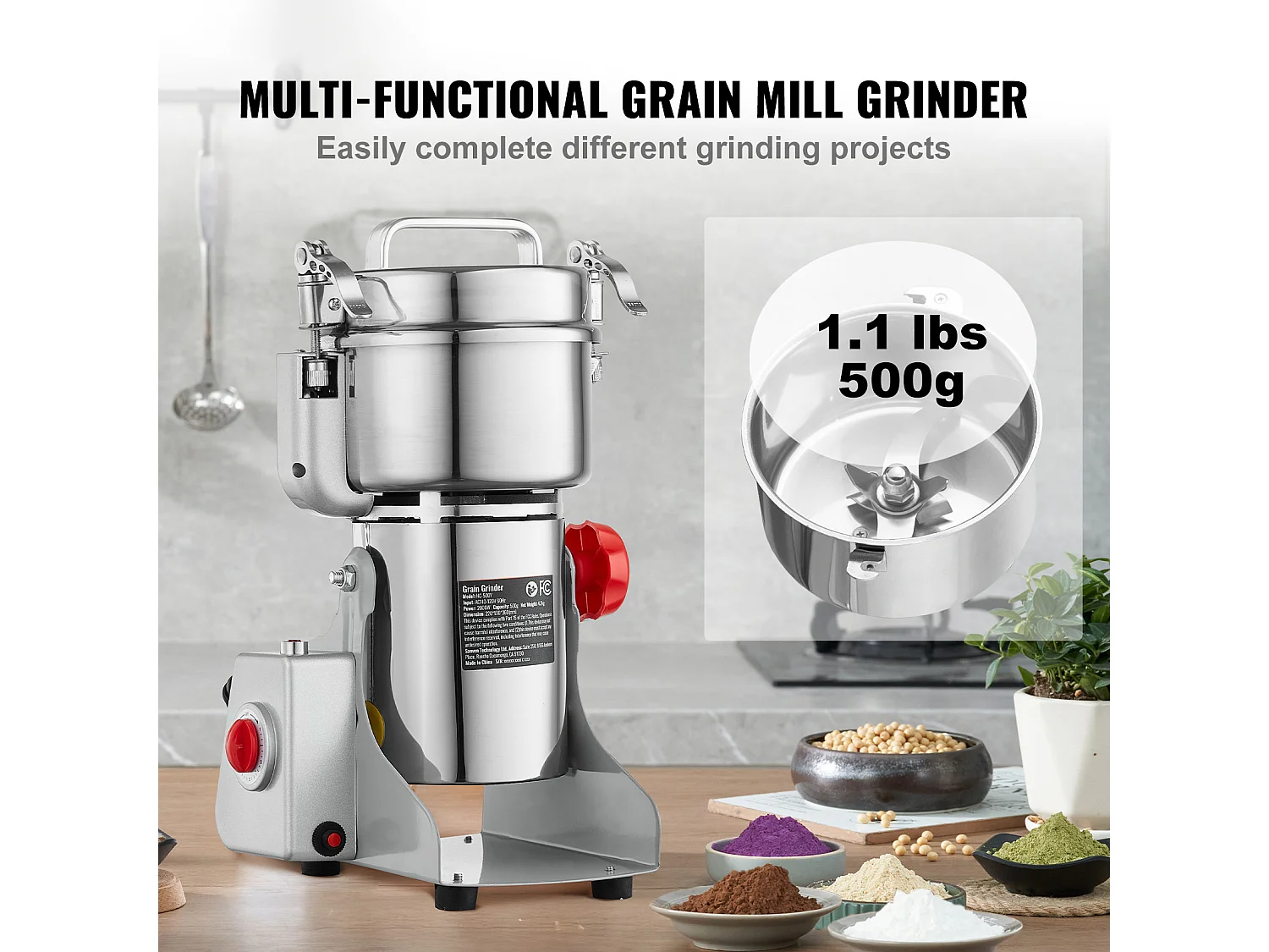Molinillo SucceBuy Molino Eléctrico para Granos 500 g, Molino Comercial de Especias a Alta Velocidad
