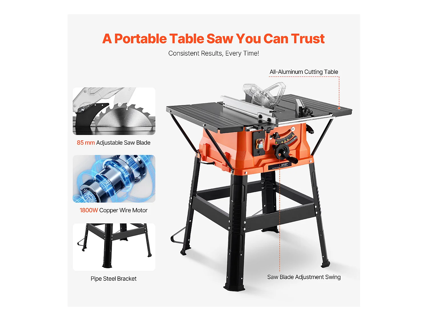 Tarcza do Stolu SucceBuy z Wsparciem, Tarcza do Stolu z Kompaktowym Przenośnym Wsparciem, 254 mm, 1800 W, Przenośna, do Produkcji Mebli Stolarstwo