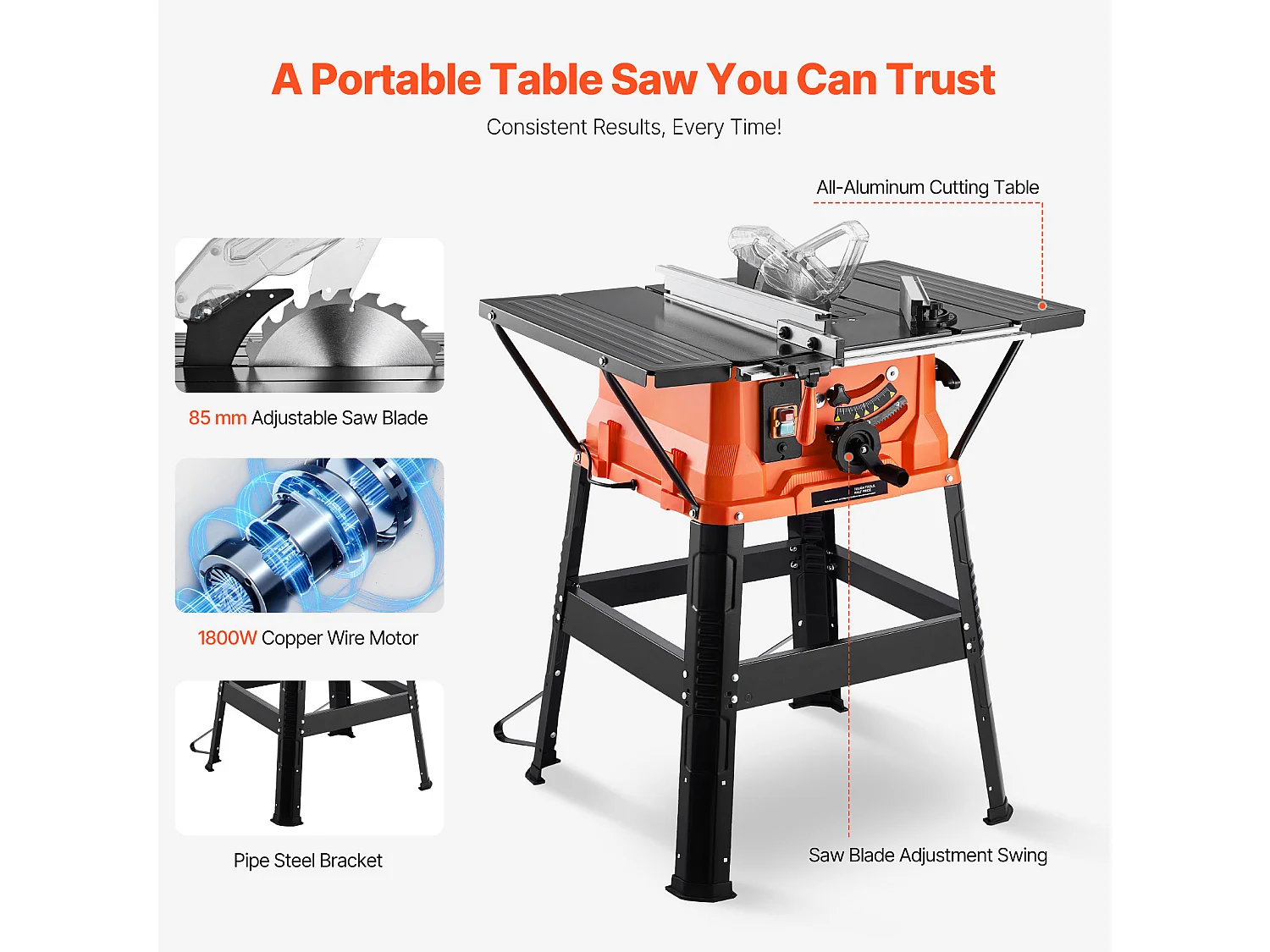 Scie à Table SucceBuy avec Soutien, Scie à Table avec Support Compacte Portable, 254 mm, 1800 W, Portable, pour Fabrication Meubles Menuiserie