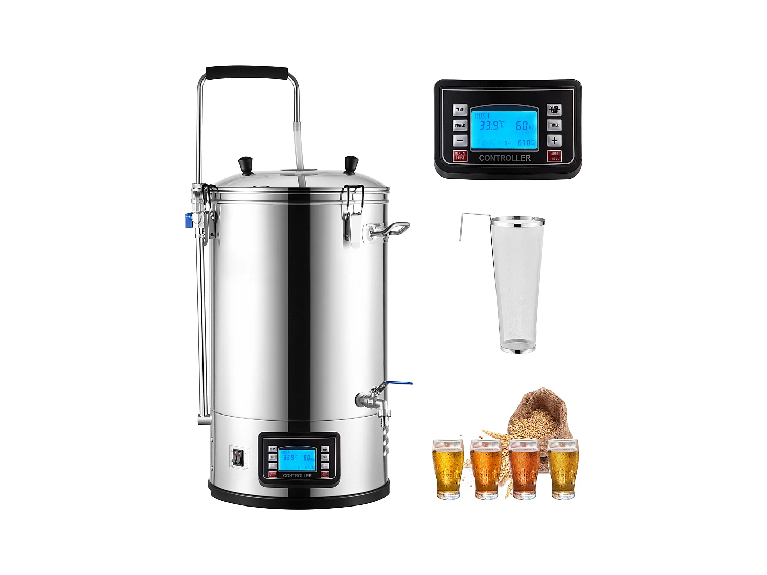 Mischkessel SucceBuy | Voll-In-Ein-System für Bierbrauung Topf mit Kreislaufpumpe 30 L