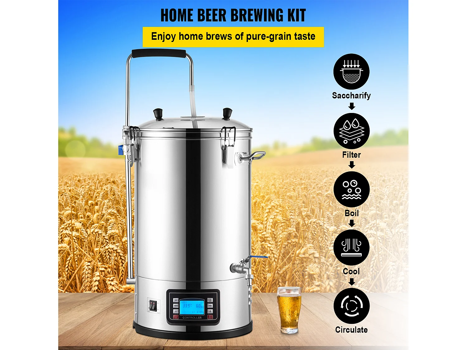 Cuve de Brassage SucceBuy | Système de Brassage de Bière Tout-en-Un Pot avec Pompe de Circulation 30 L