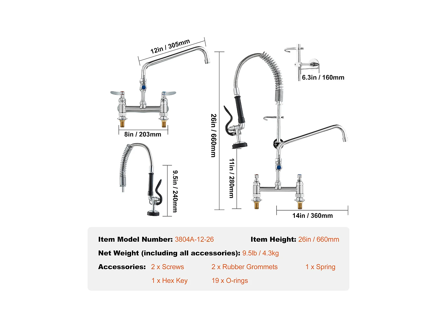 Keukenkraan, SucceBuy Commerciële Keukenkraan met Voorspoelsproeier, 66 cm Hoog