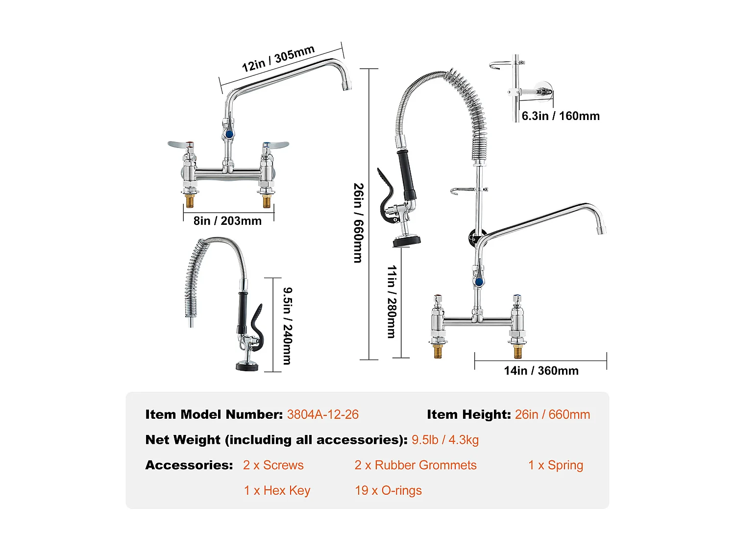 Torneira de Cozinha, SucceBuy Torneira de Lava-loiça de Cozinha Comercial com Pulverizador de Pré-enxaguamento, 66 cm de Altura