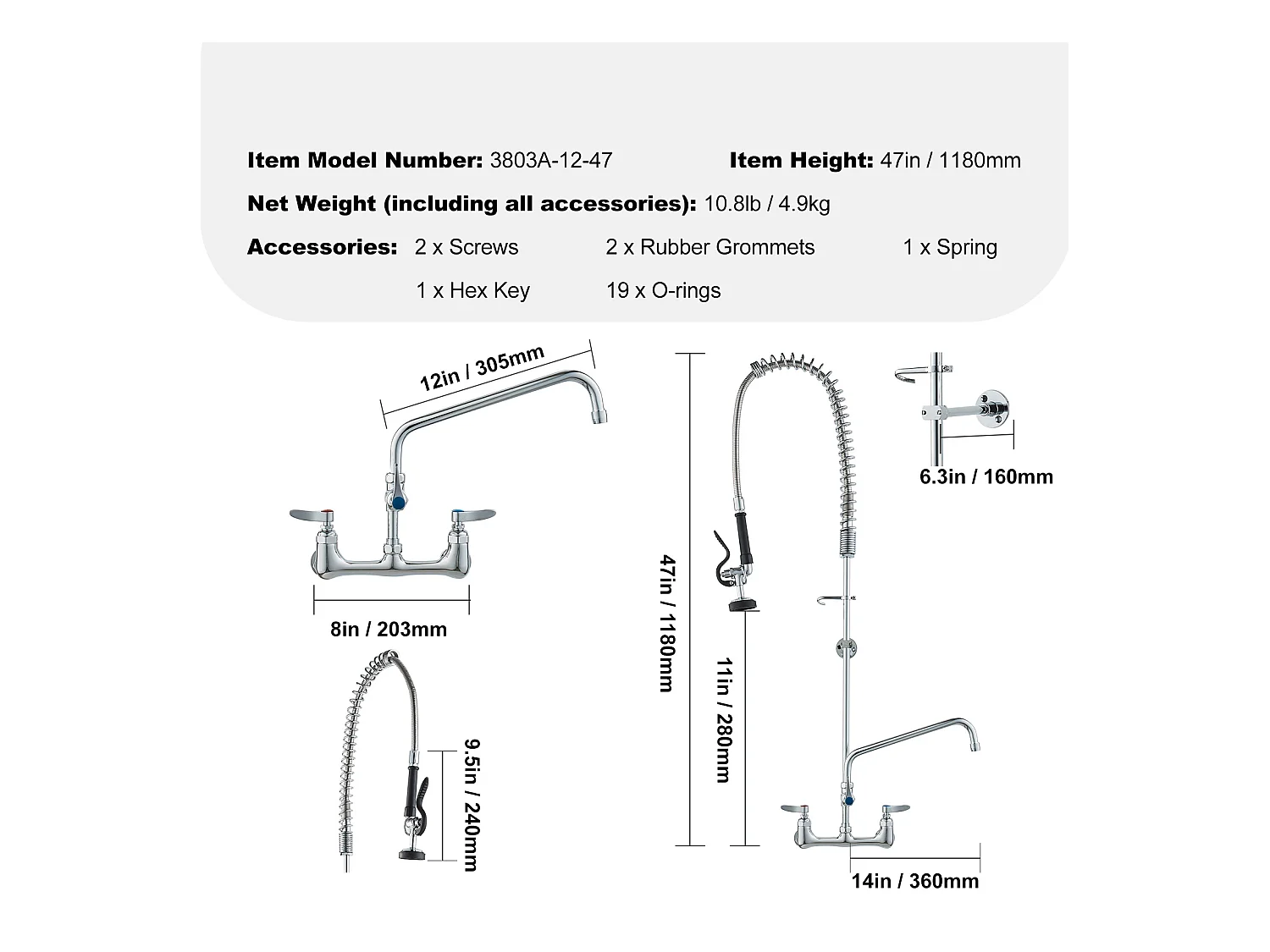 Rubinetto da Cucina, SucceBuy Rubinetto da Cucina a Parete Commerciale con Spruzzatore pre-Risciacquo, Altezza 120 cm