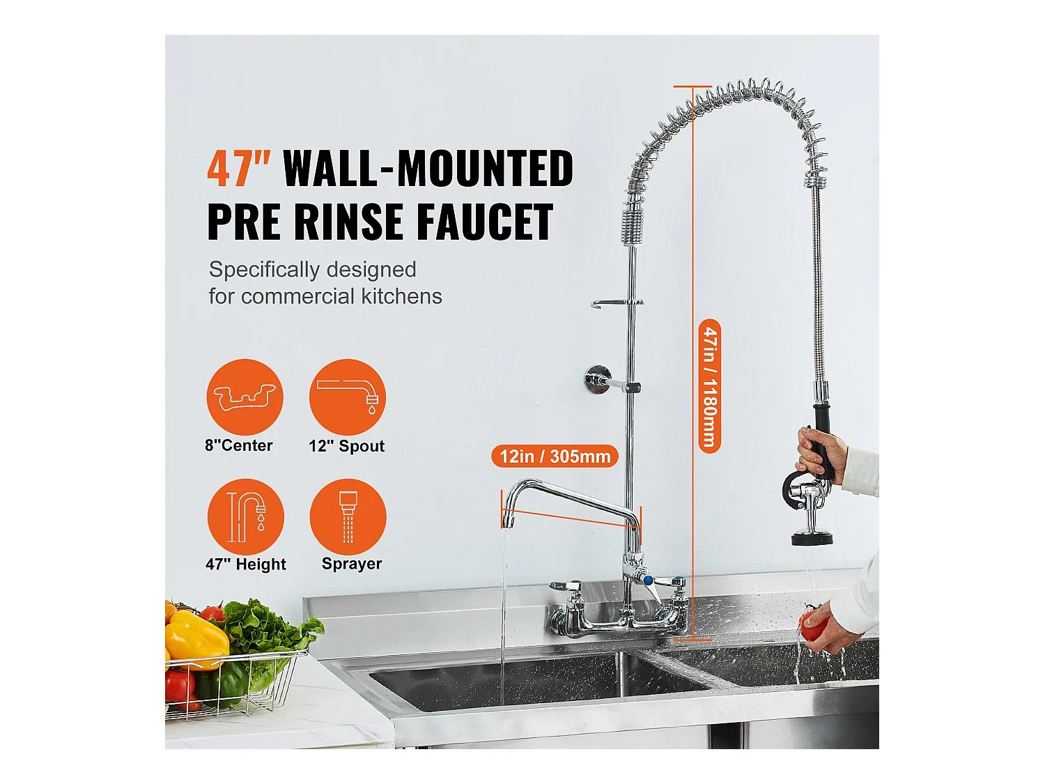 Rubinetto da Cucina, SucceBuy Rubinetto da Cucina a Parete Commerciale con Spruzzatore pre-Risciacquo, Altezza 120 cm