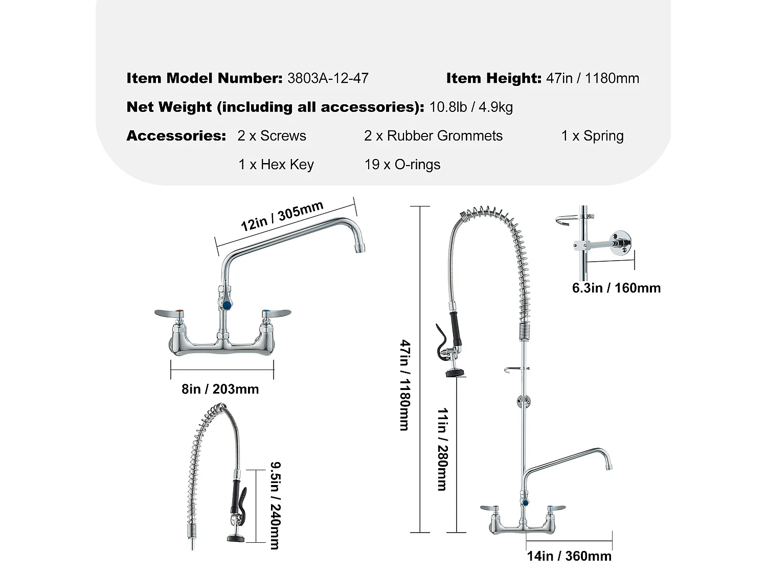 Bateria Kuchenna, SucceBuy Komercyjna Bateria Ścienna do Zlewu Kuchennego ze Spryskiwaczem do Wstępnego Płukania, Wysokość 120 cm