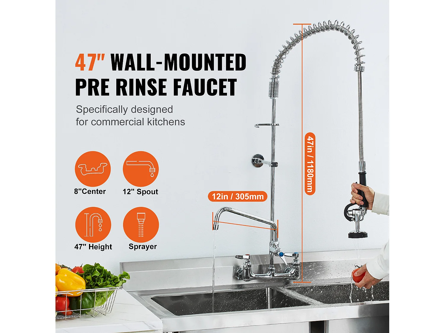 Bateria Kuchenna, SucceBuy Komercyjna Bateria Ścienna do Zlewu Kuchennego ze Spryskiwaczem do Wstępnego Płukania, Wysokość 120 cm