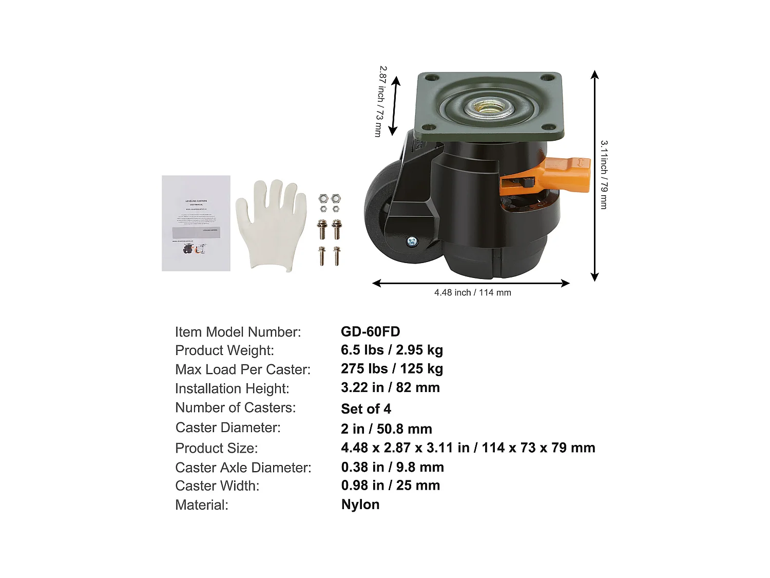 Roulettes de Chaise SucceBuy, pour Meubles, Plaque en Nylon Réglable, 498 kg, Lot de 4