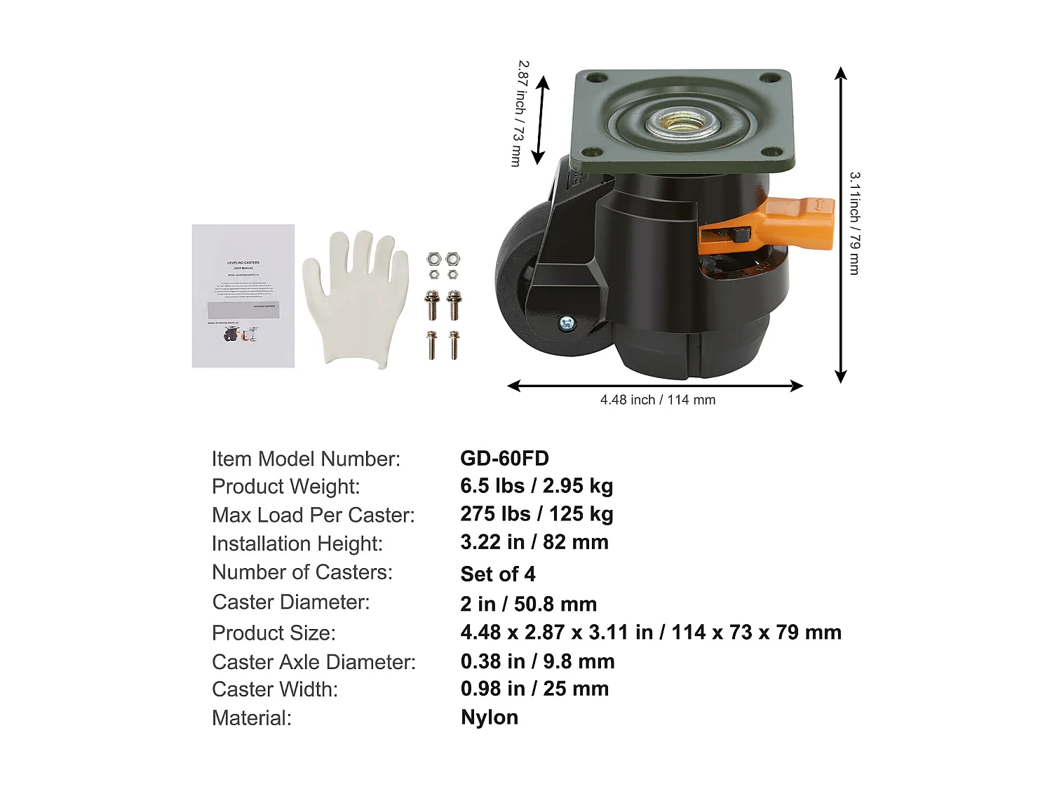 Roulettes de Chaise SucceBuy, pour Meubles, Plaque en Nylon Réglable, 498 kg, Lot de 4