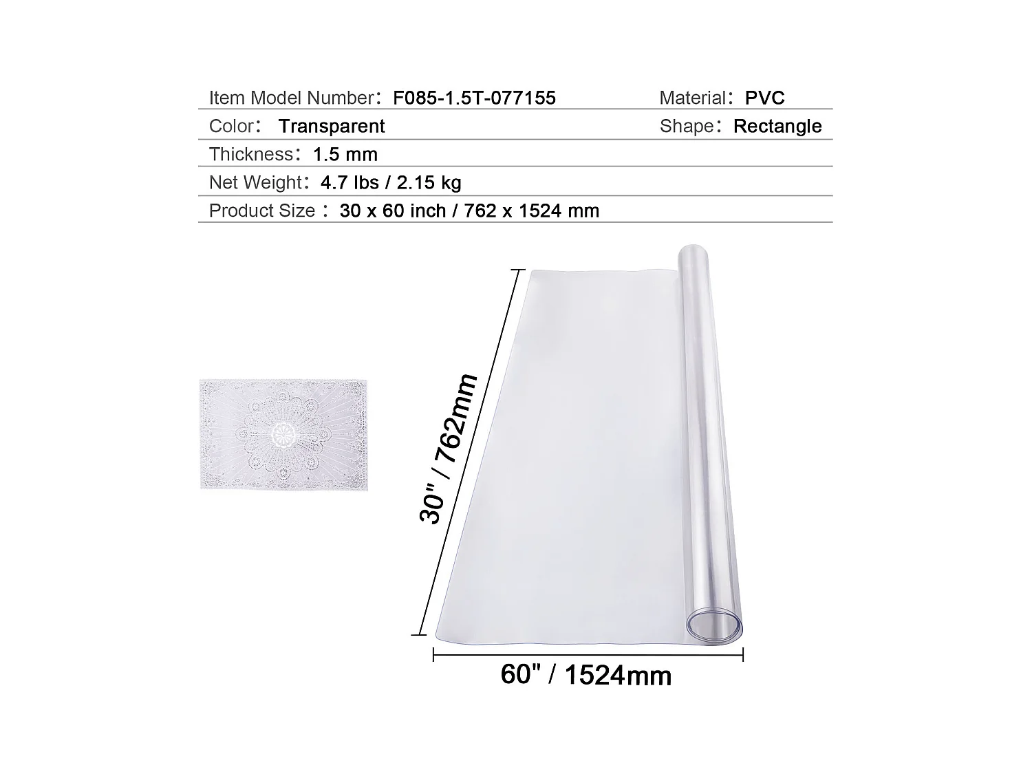 Nappe SucceBuy Protection de Table en PVC, 76 X 152 CM, Sous-Main en Plastique Transparent, 0.15CM D'Épaisseur