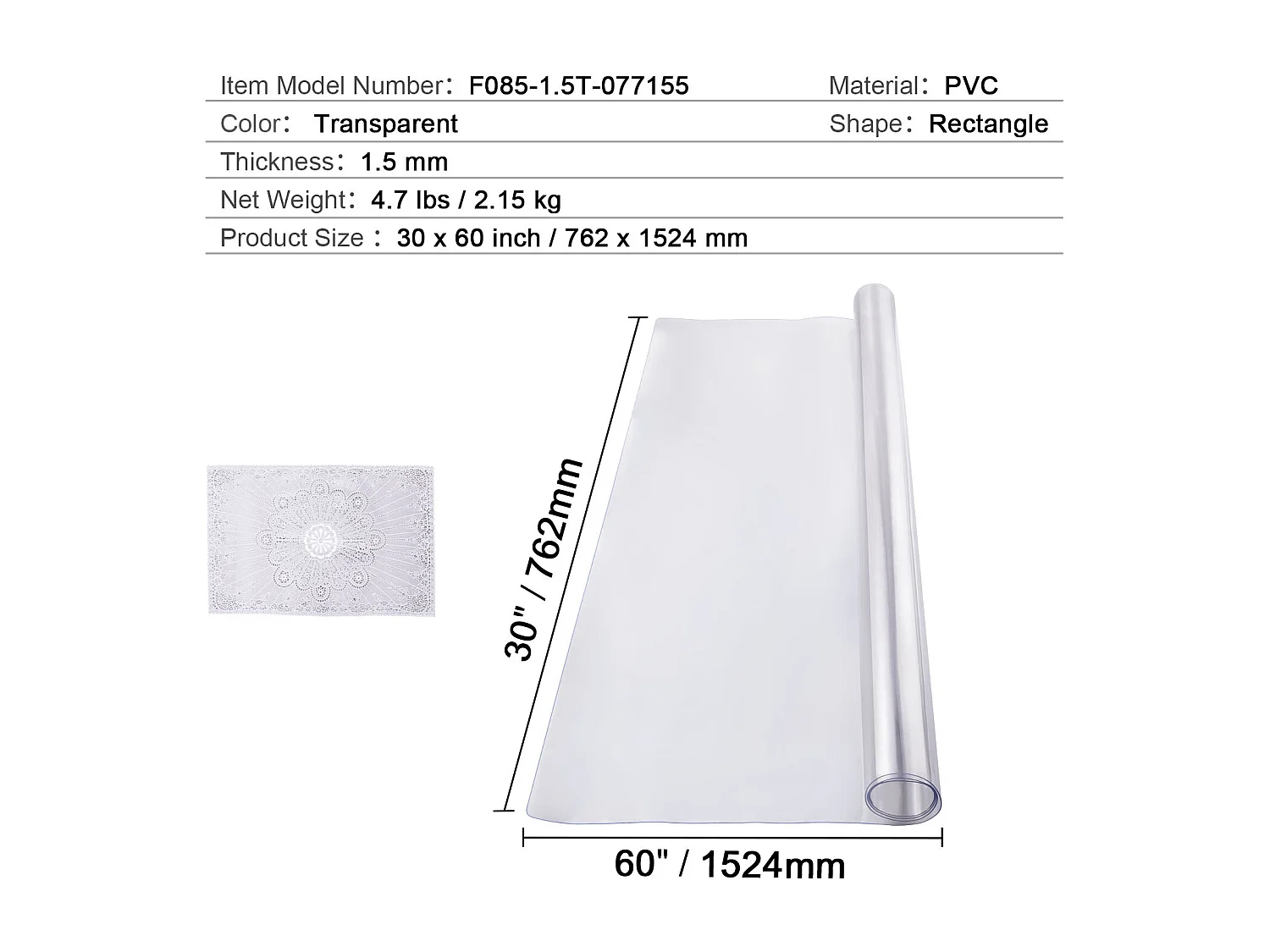 Nappe SucceBuy Protection de Table en PVC, 76 X 152 CM, Sous-Main en Plastique Transparent, 0.15CM D'Épaisseur