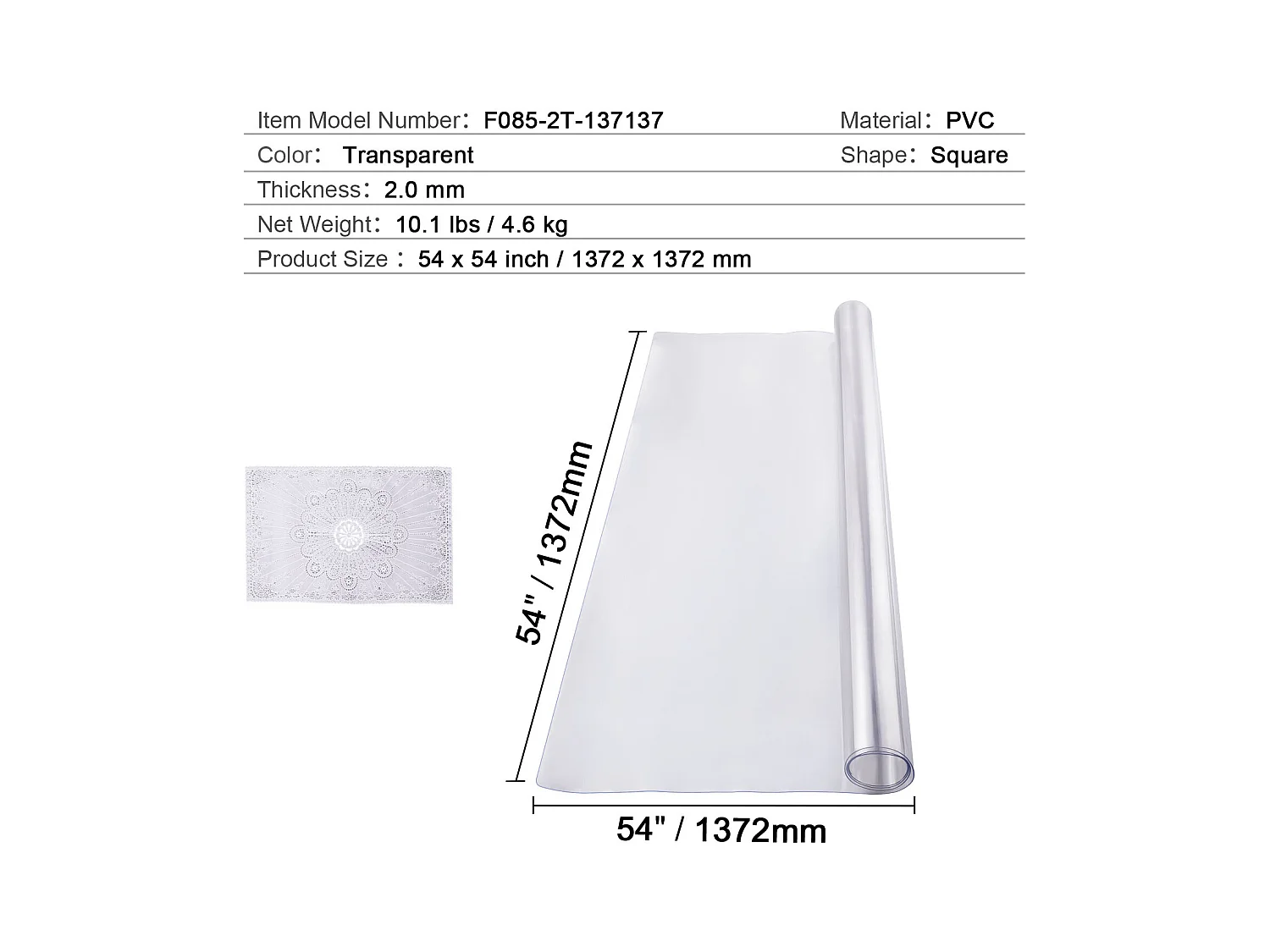 Nappe SucceBuy Protecteur de Table en PVC 137 X 137 CM, Protecteur de Bureau en Plastique Transparent 0.2CM D'Épaisseur