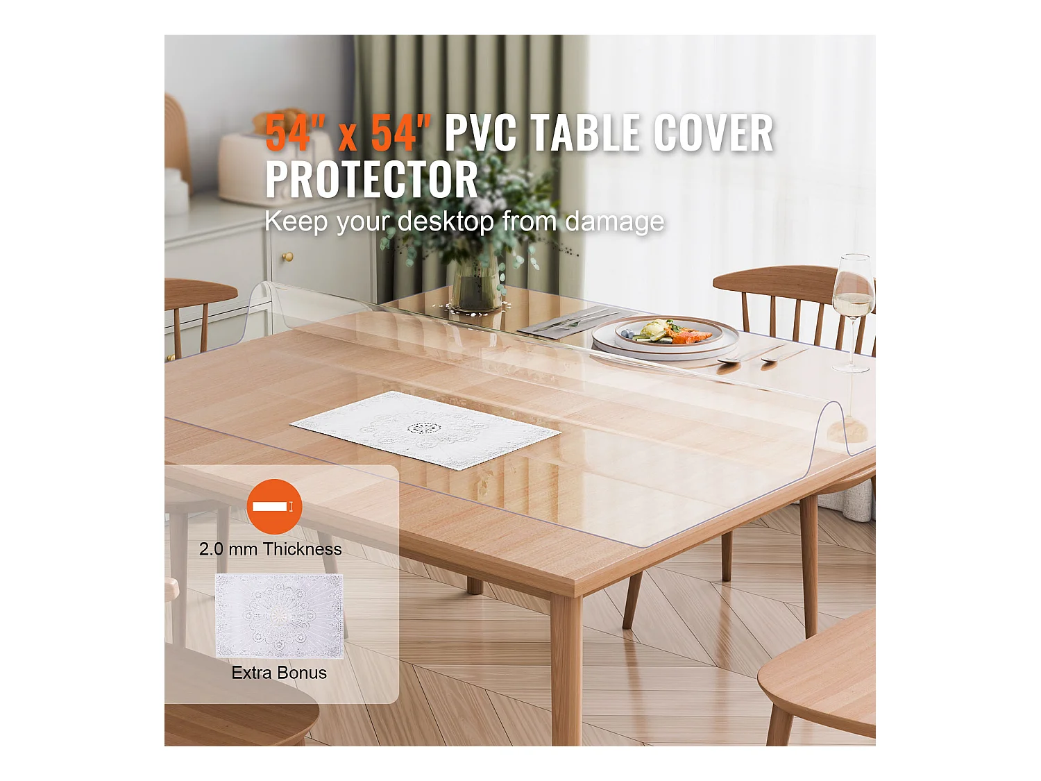 Nappe SucceBuy Protecteur de Table en PVC 137 X 137 CM, Protecteur de Bureau en Plastique Transparent 0.2CM D'Épaisseur