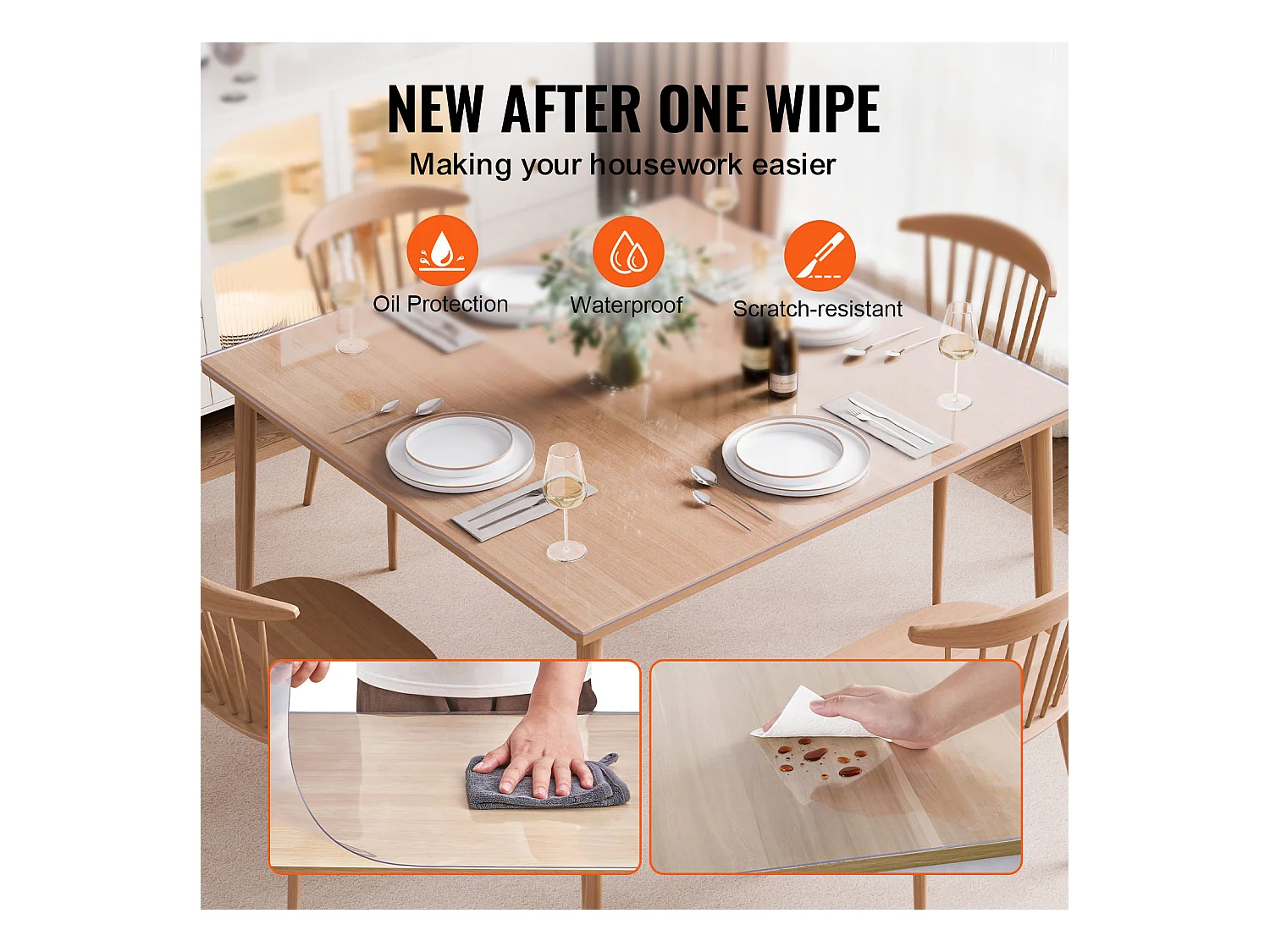 Nappe SucceBuy Protecteur de Table en PVC 137 X 137 CM, Protecteur de Bureau en Plastique Transparent 0.2CM D'Épaisseur