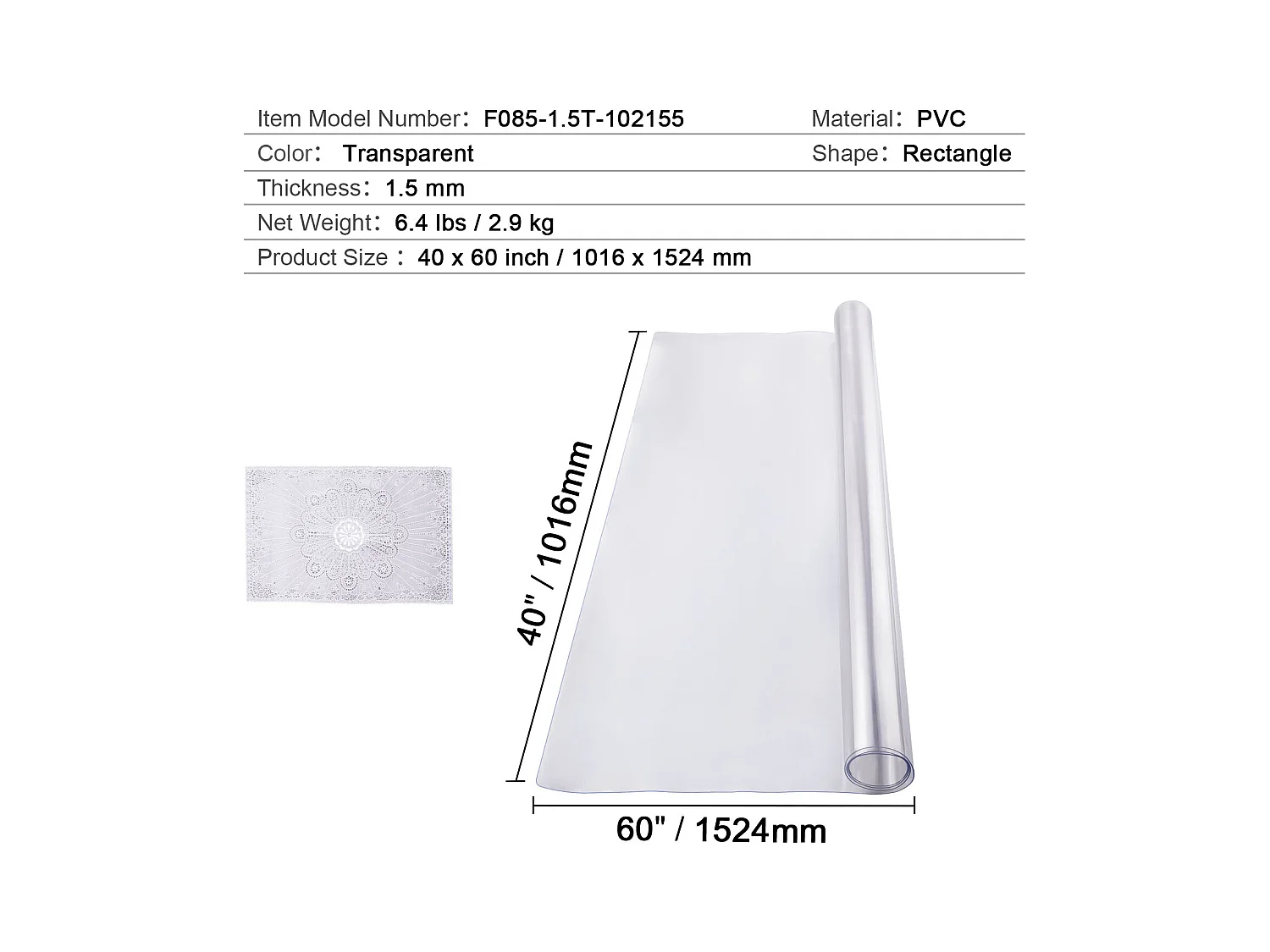 Nappe SucceBuy Tapis de Bureau en PVC Transparent de 102 X 152 CM, Épaisseur de 0.15CM