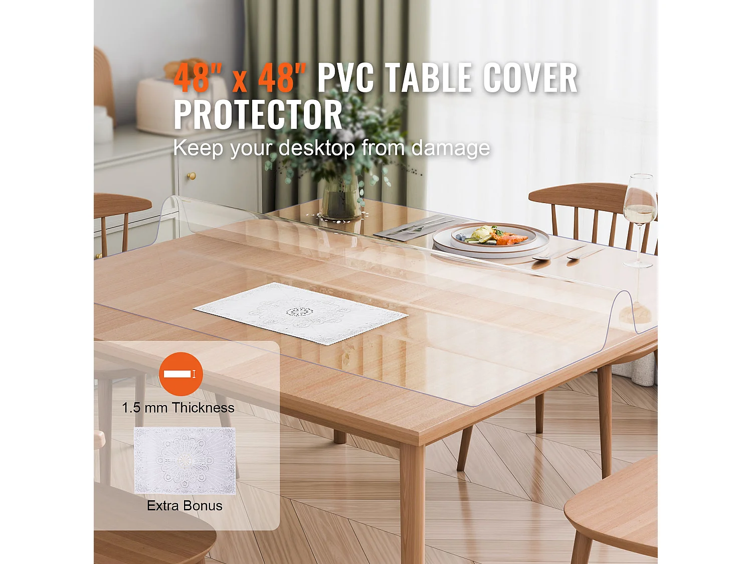 Nappe SucceBuy Protecteur de Table en PVC 122X122 CM, Protecteur de Bureau en Plastique Transparent 0.15CM D'Épaisseur