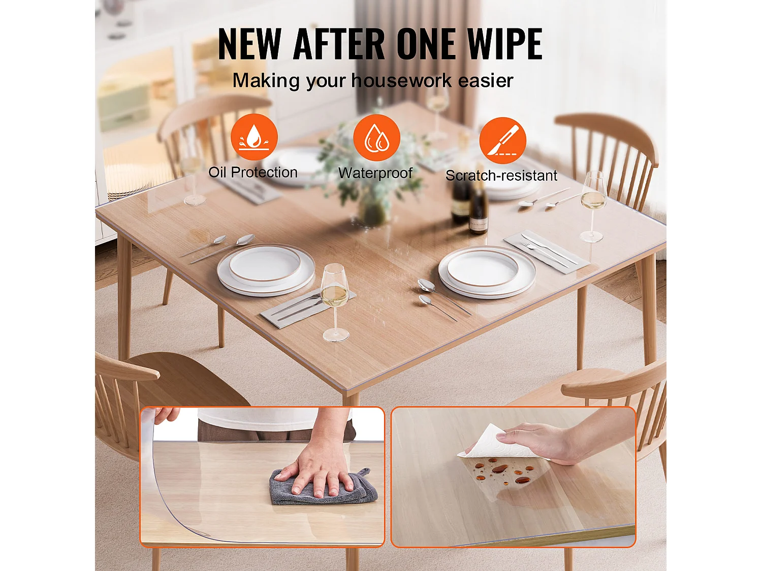 Nappe SucceBuy Protecteur de Table en PVC 122X122 CM, Protecteur de Bureau en Plastique Transparent 0.15CM D'Épaisseur