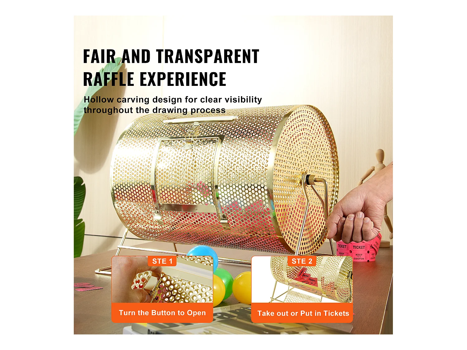 Tambour de Tombola en Laiton Plaqué SucceBuy, Peut Contenir 5 000 Billets/200 Boules de Bingo