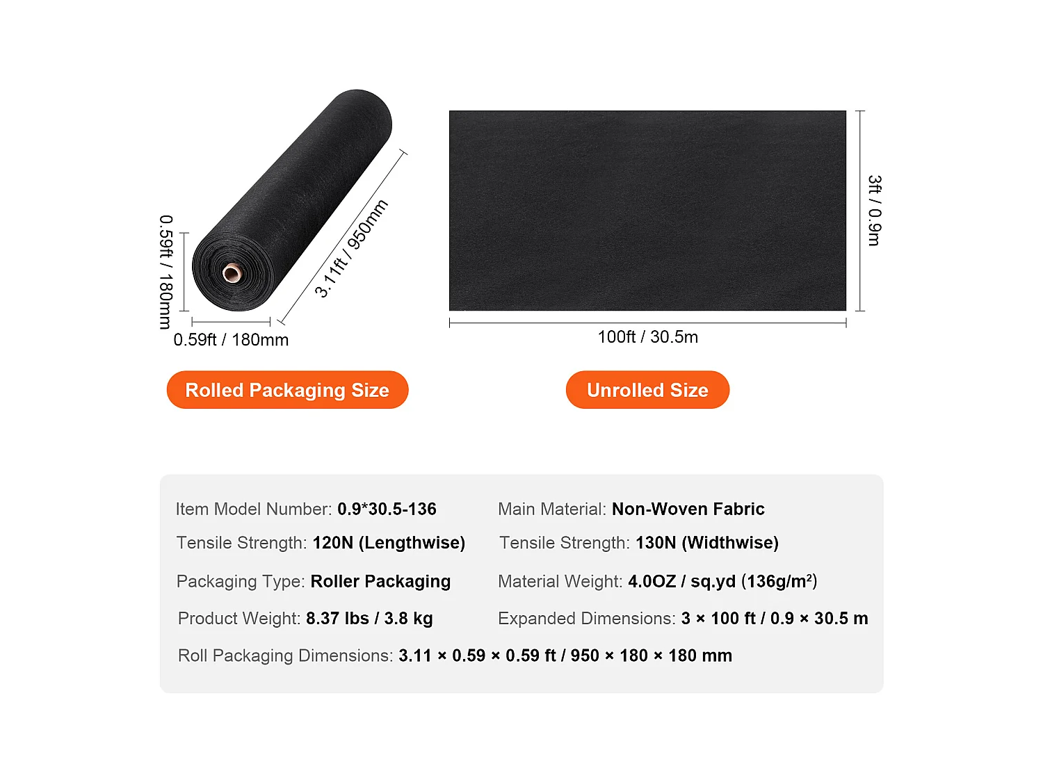 Toile de Paillage, SucceBuy Tissu Géotextile Non Tissé 90x3050 cm, 4OZ, Couvre-sol Anti-mauvaises Herbes