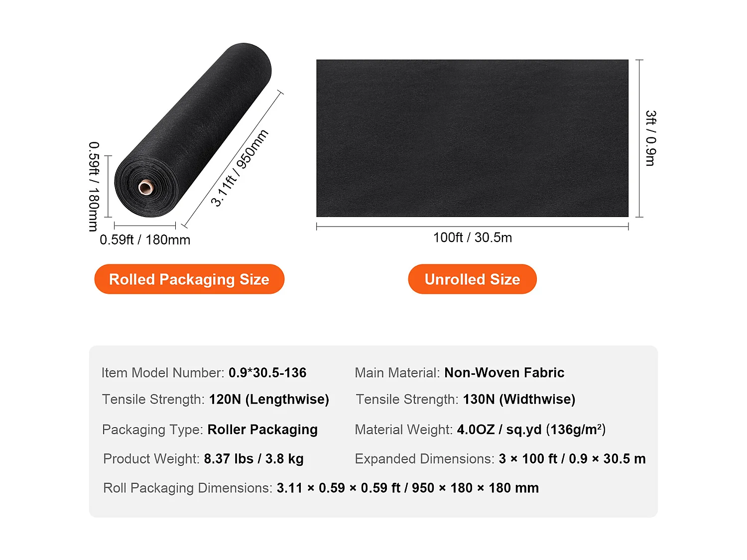 Onkruidbestrijdingsdoek, SucceBuy Non-Woven Geotextieldoek 90x3050 cm, 4OZ, Bodembedekker