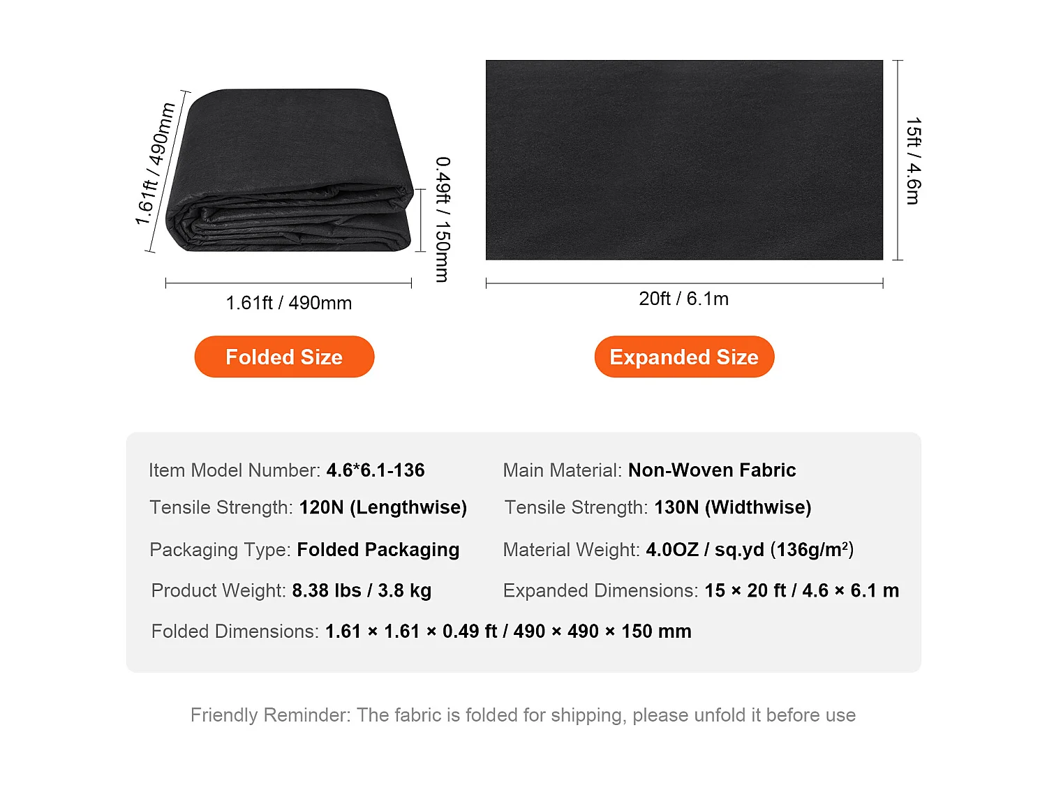 Onkruidwerende Stof, SucceBuy Non-Woven Geotextiel 460x610 cm, 4OZ Grondbedekker Onkruidwerende Stof