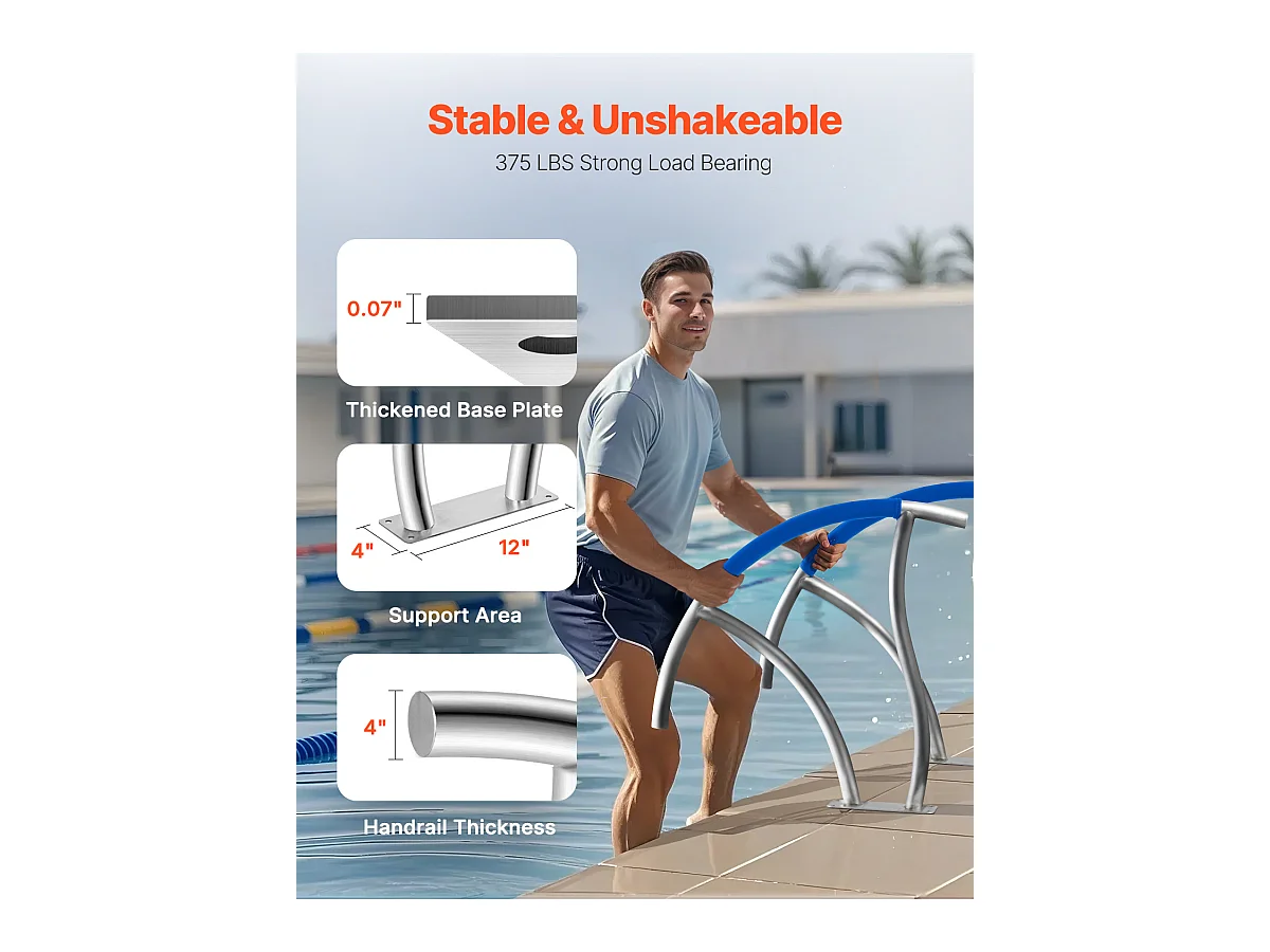 Rampe de Piscine SucceBuy, Rampe en Acier Inoxydable avec Plaque de Base, pour Piscines