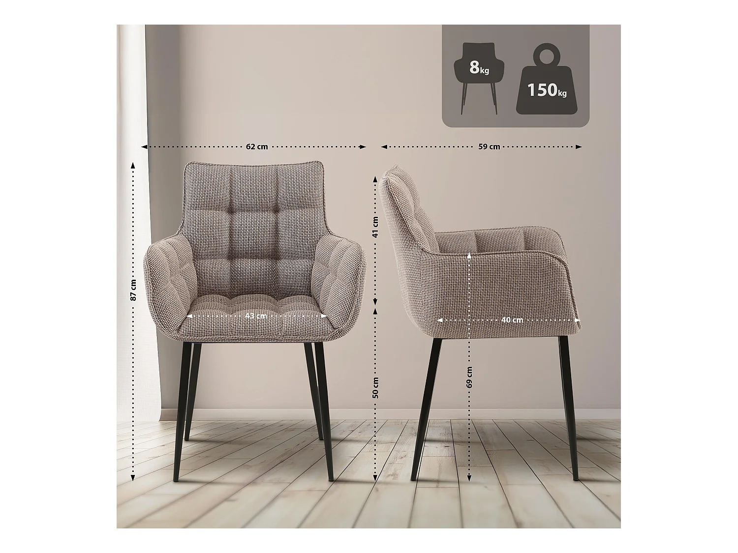 chaises avec accoudoirs - Tissu & Noir - Marron terre - Tirana