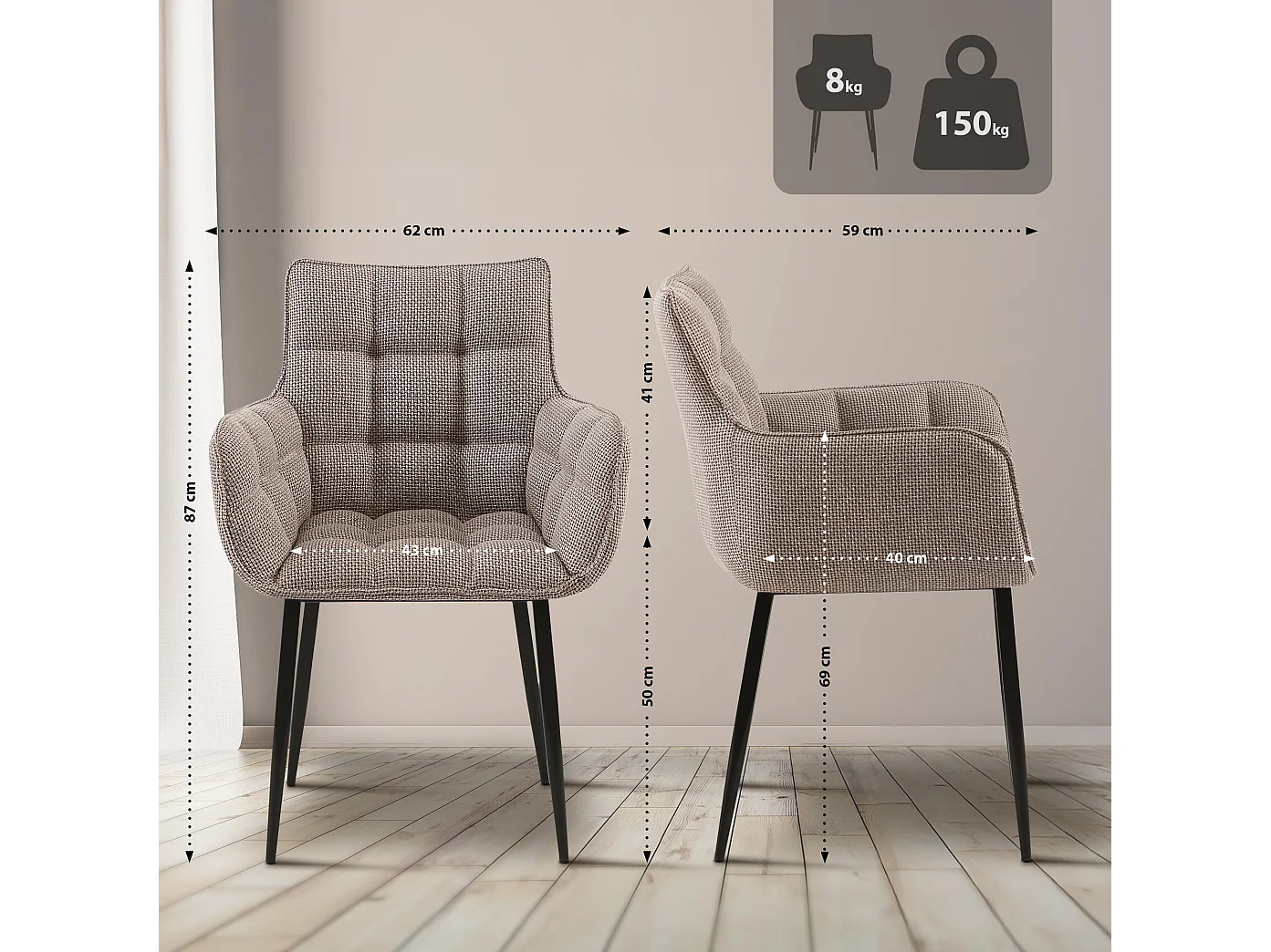 chaises avec accoudoirs - Tissu & Noir - Marron terre - Tirana