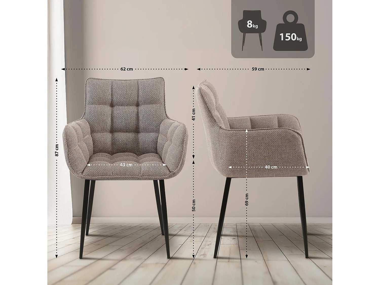 chaises avec accoudoirs - Tissu & Noir - Marron terre - Tirana