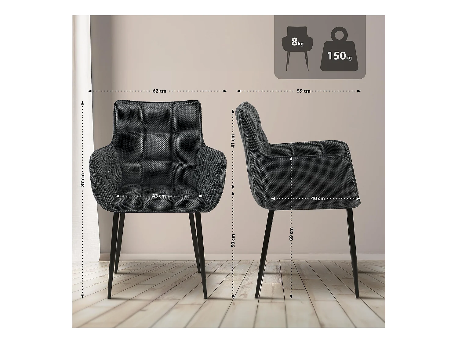 chaises avec accoudoirs - Tissu & Noir - Gris titane - Tirana