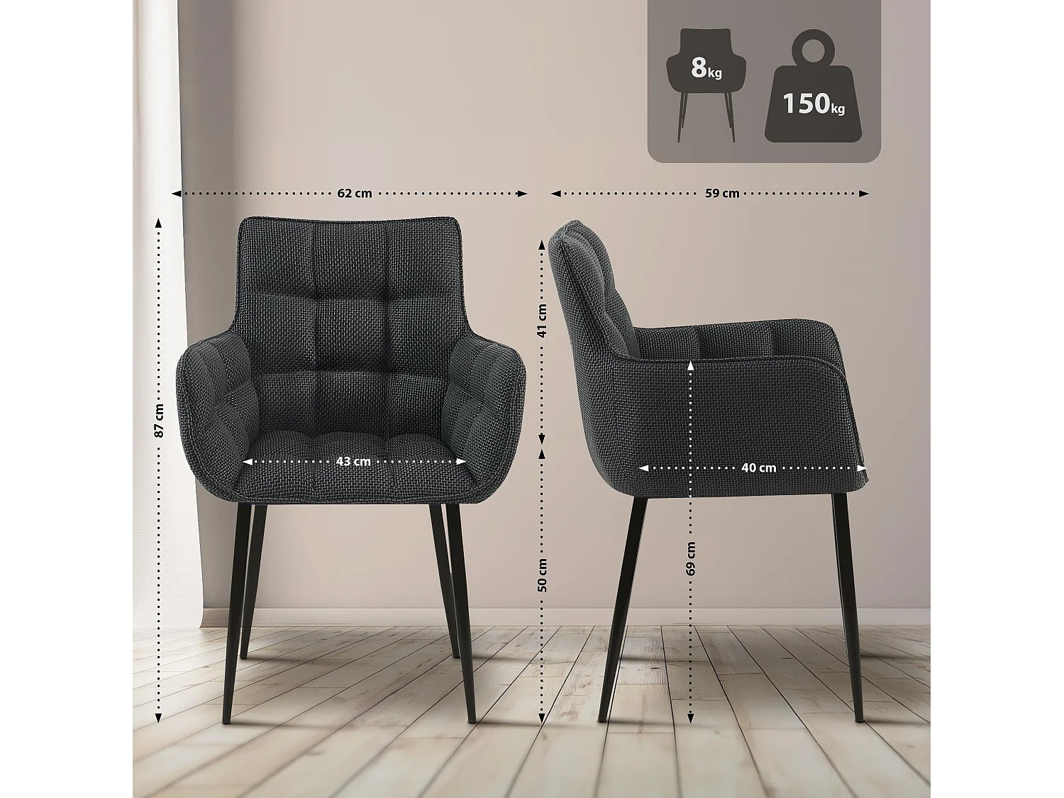 chaises avec accoudoirs - Tissu & Noir - Gris titane - Tirana