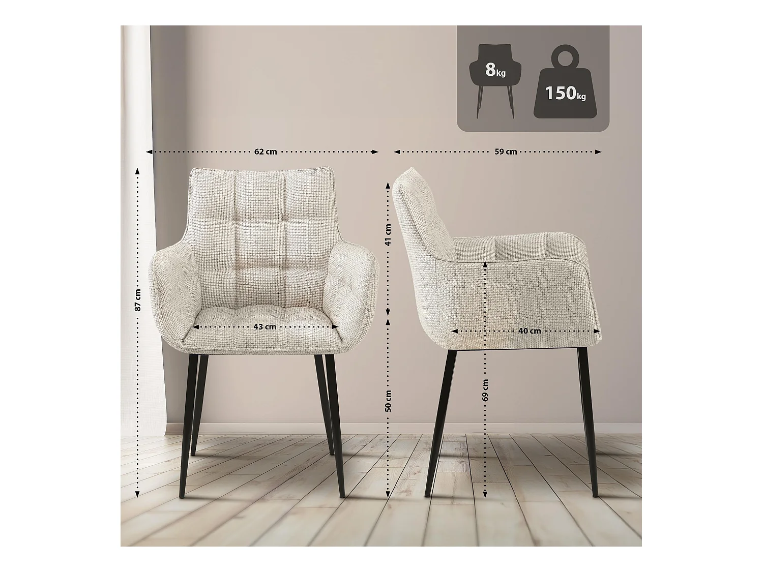 chaises avec accoudoirs - Tissu & Noir - Ivoire - Tirana