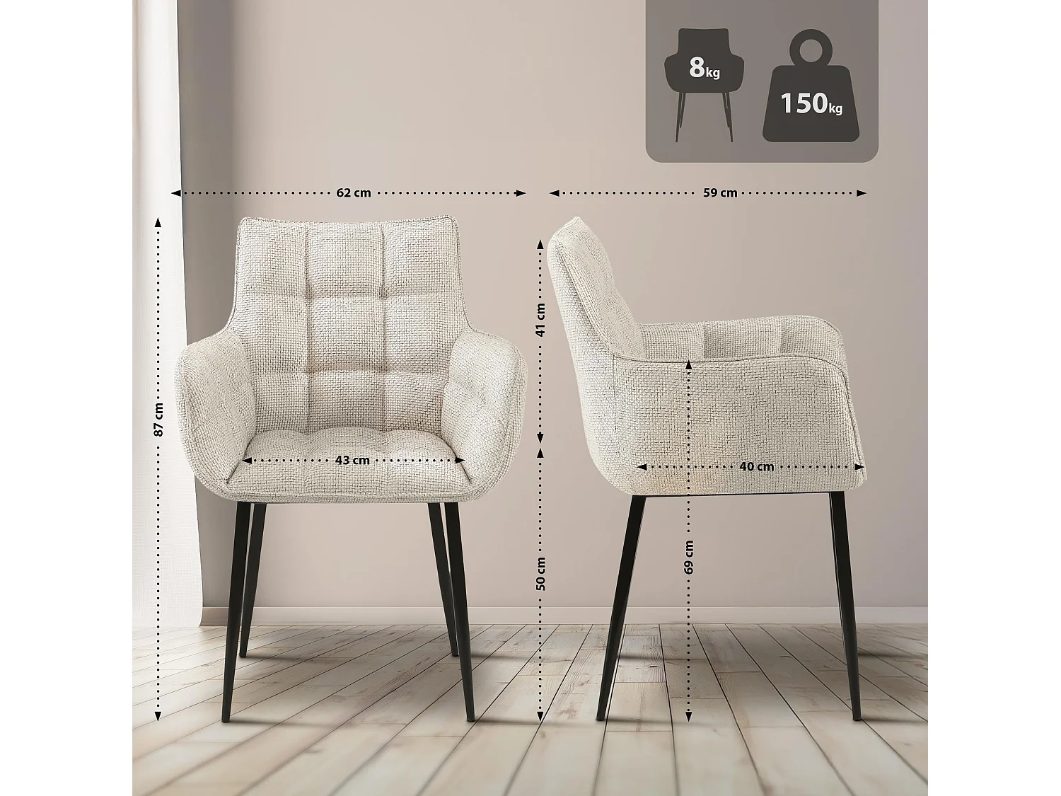 chaises avec accoudoirs - Tissu & Noir - Ivoire - Tirana