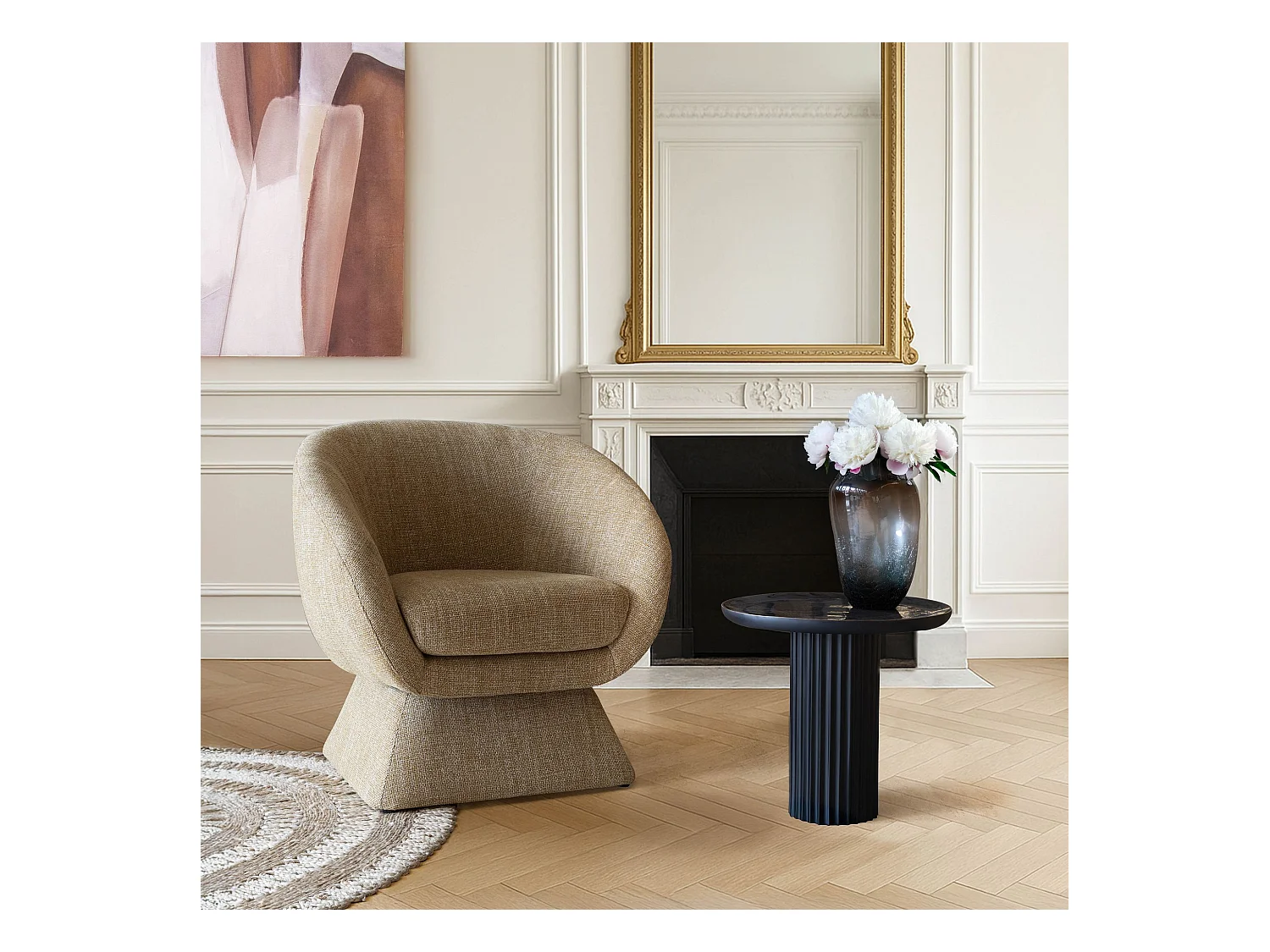 Now's Home - Fauteuil Pivotant En Tissus Tweed Ocre Jaune 77x74x80cm Sixties