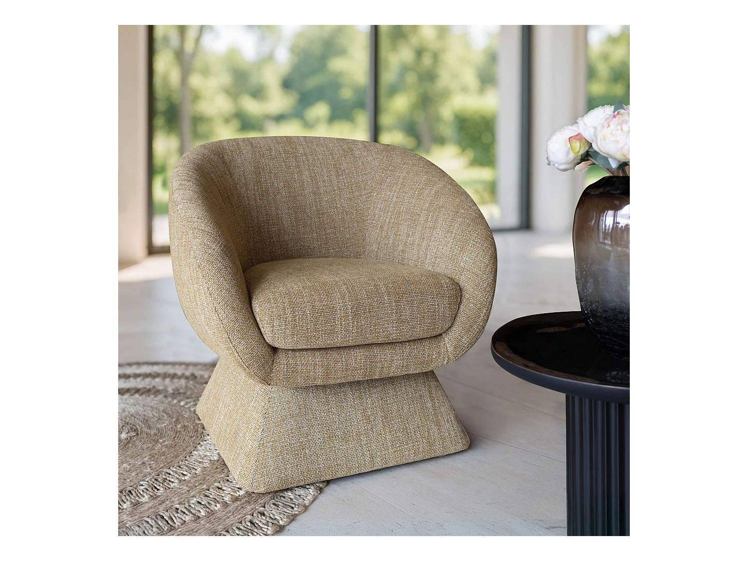 Now's Home - Fauteuil Pivotant En Tissus Tweed Ocre Jaune 77x74x80cm Sixties