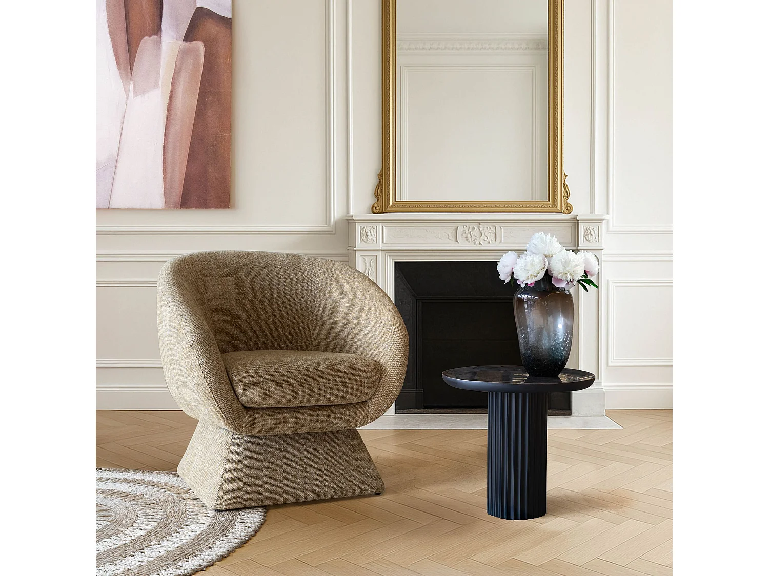 Now's Home - Fauteuil Pivotant En Tissus Tweed Ocre Jaune 77x74x80cm Sixties