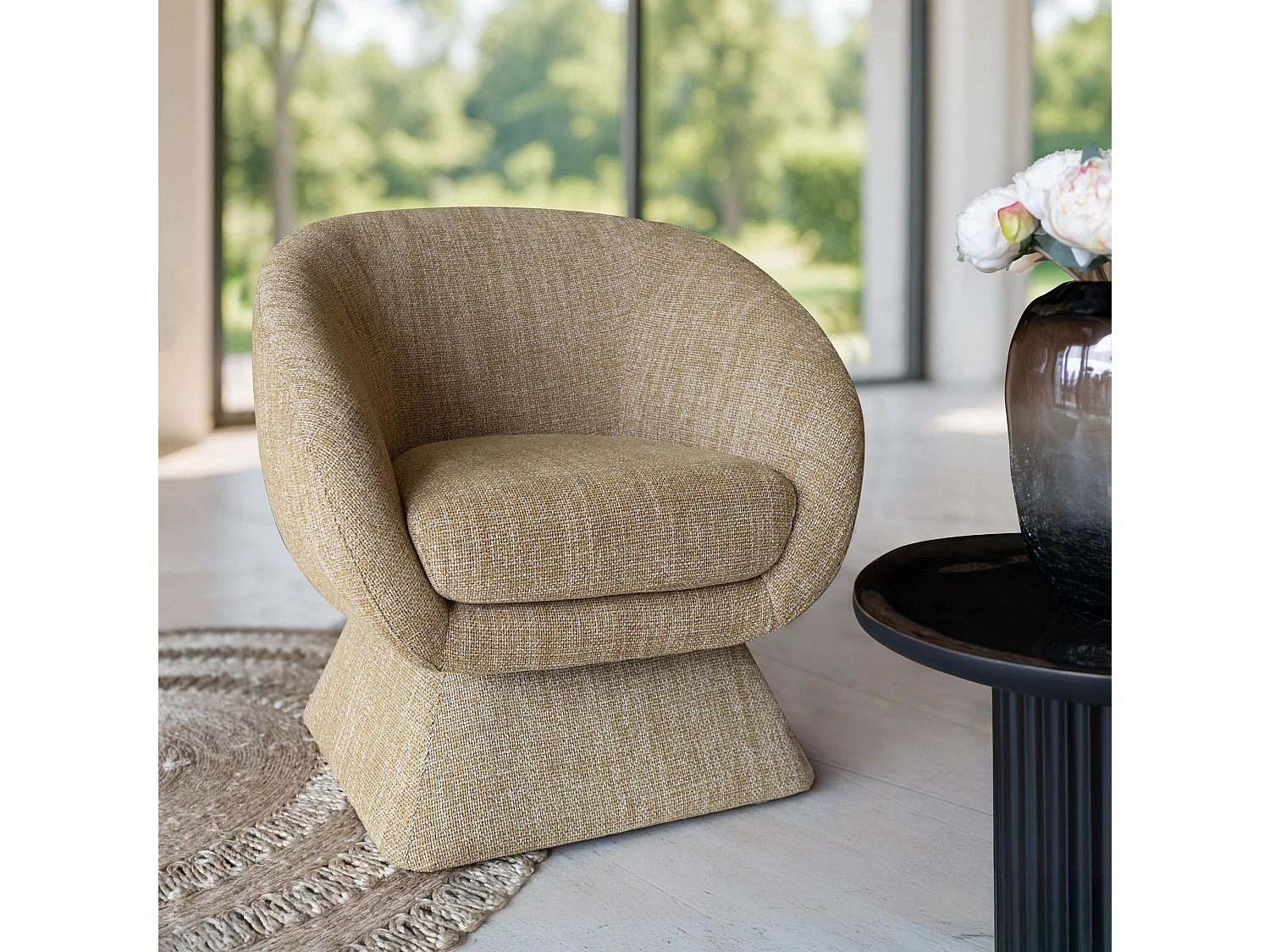 Now's Home - Fauteuil Pivotant En Tissus Tweed Ocre Jaune 77x74x80cm Sixties