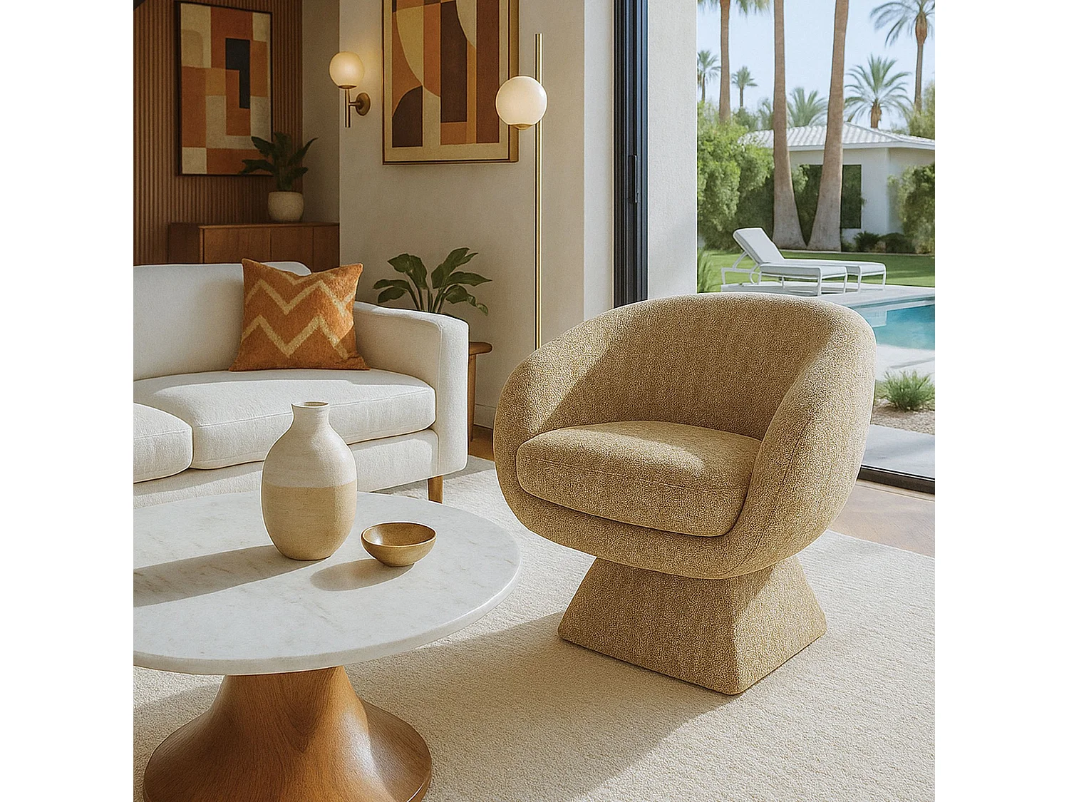 Now's Home - Fauteuil Pivotant En Tissus Tweed Ocre Jaune 77x74x80cm Sixties