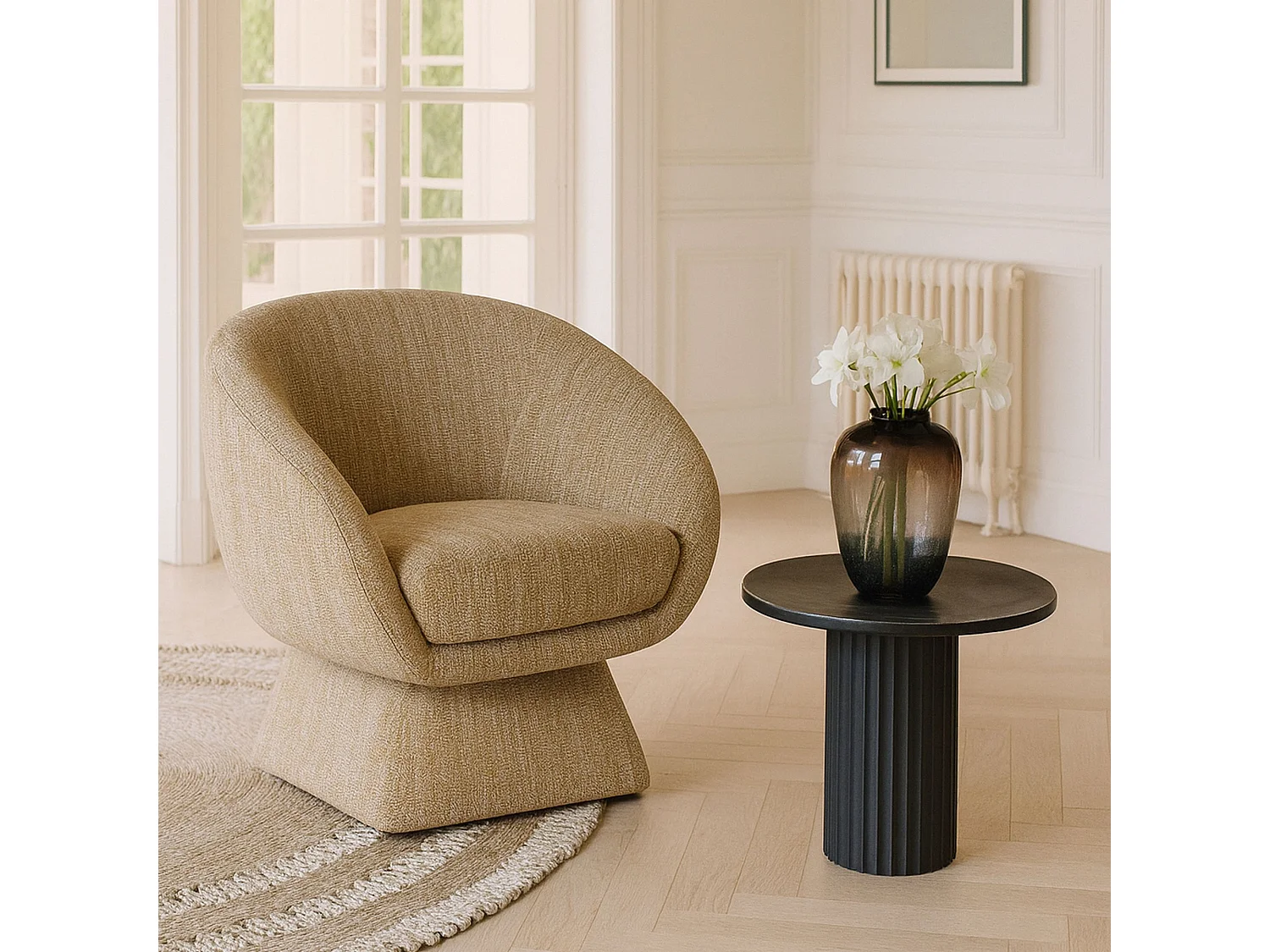 Now's Home - Fauteuil Pivotant En Tissus Tweed Ocre Jaune 77x74x80cm Sixties