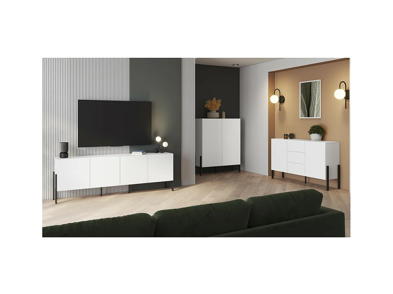 Buffet SALMA – 4 puertas Push-to-Open – Blanco súper mate & negro mate, 204×70×40 cm
