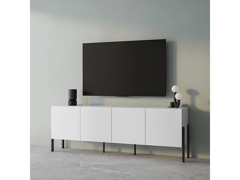 Buffet SALMA – 4 portes Push-to-Open – Blanc super mat & noir mat, 204×70×40 cm