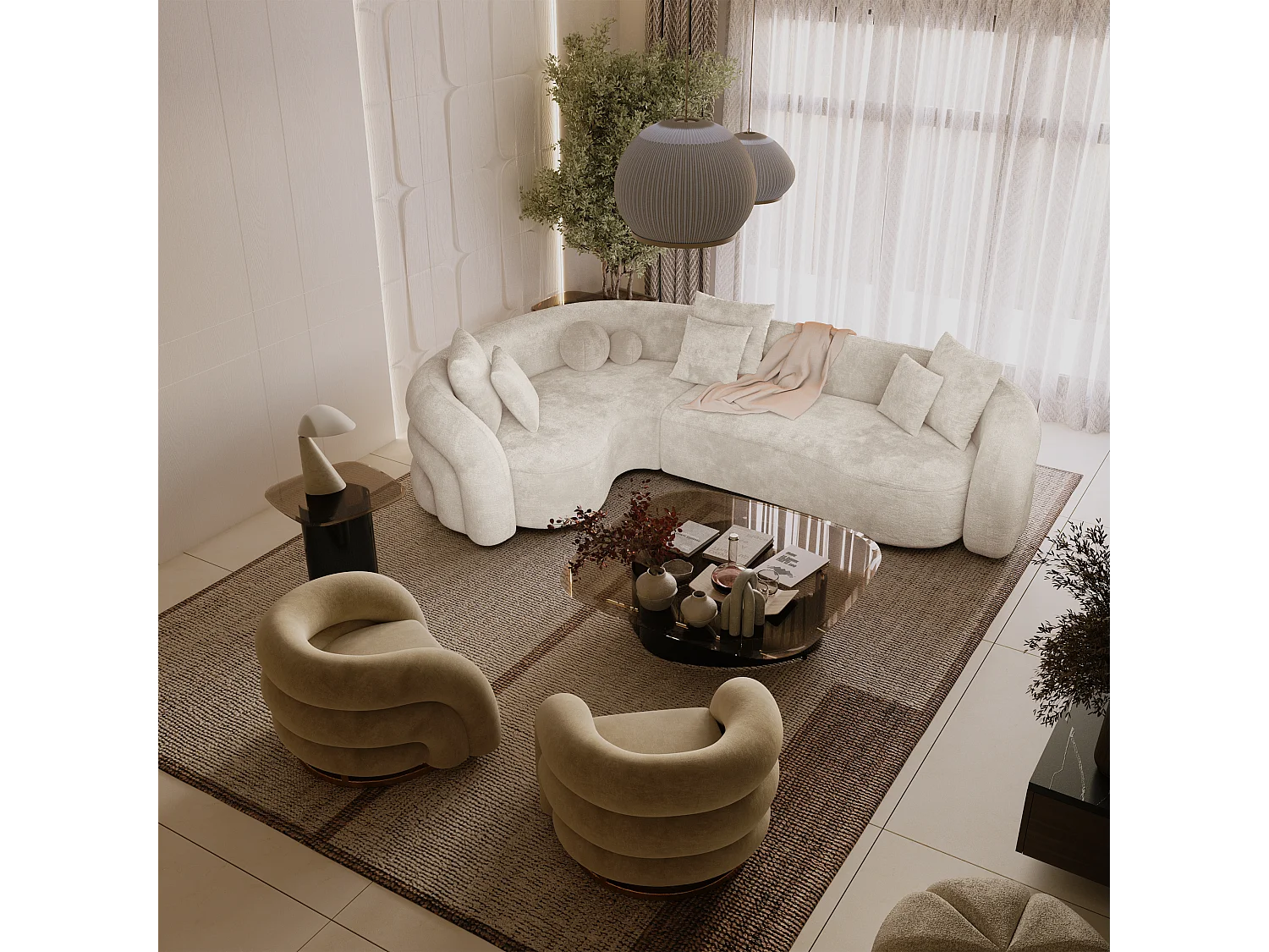 Canapé 6 places d'angle gauche velours texturé beige VICTORIA