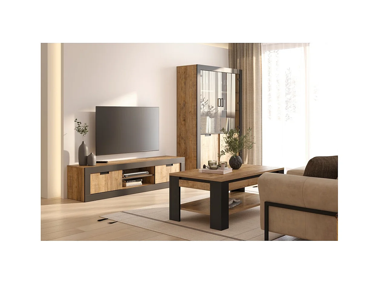 Pack salon complet MEUNIER – Meuble TV, vitrine & table basse en chêne Samdal & noir mat